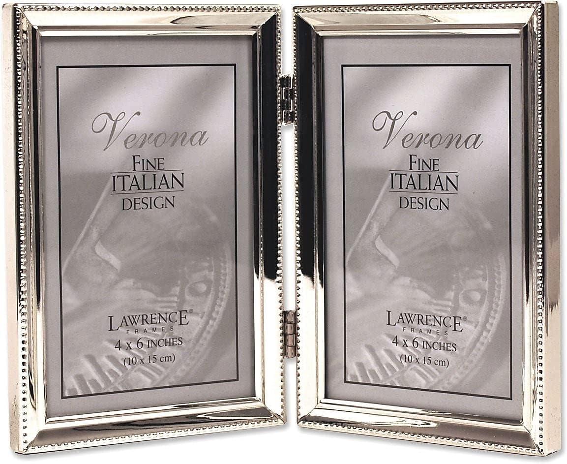 Elegant Polished Silver Metal 4x6 Hinged Double Photo Frame with Bead Border