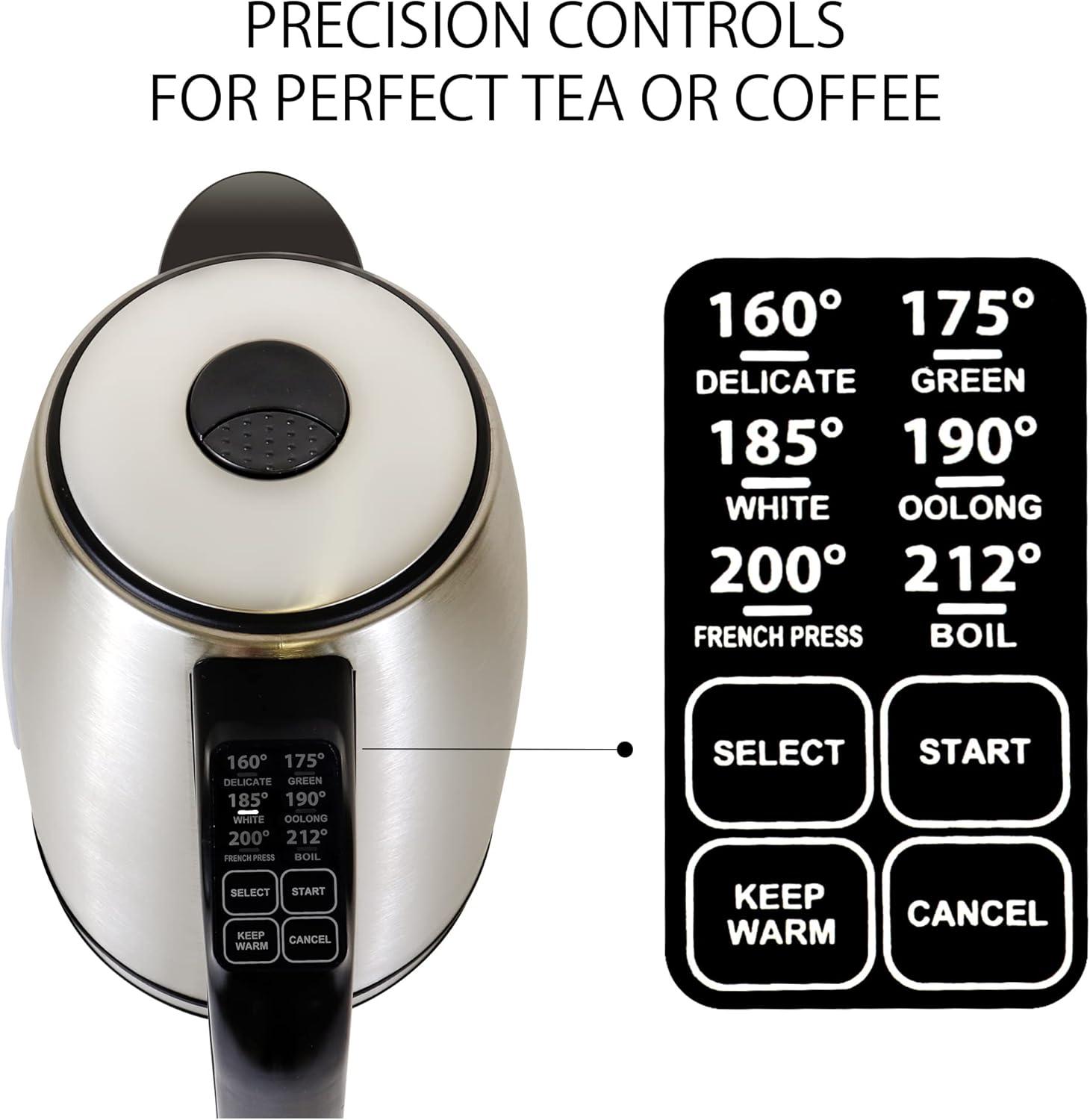 Kenmore 1.7 Qt. Electric Tea Kettle with 6 Temperature Pre-Sets, Cordless