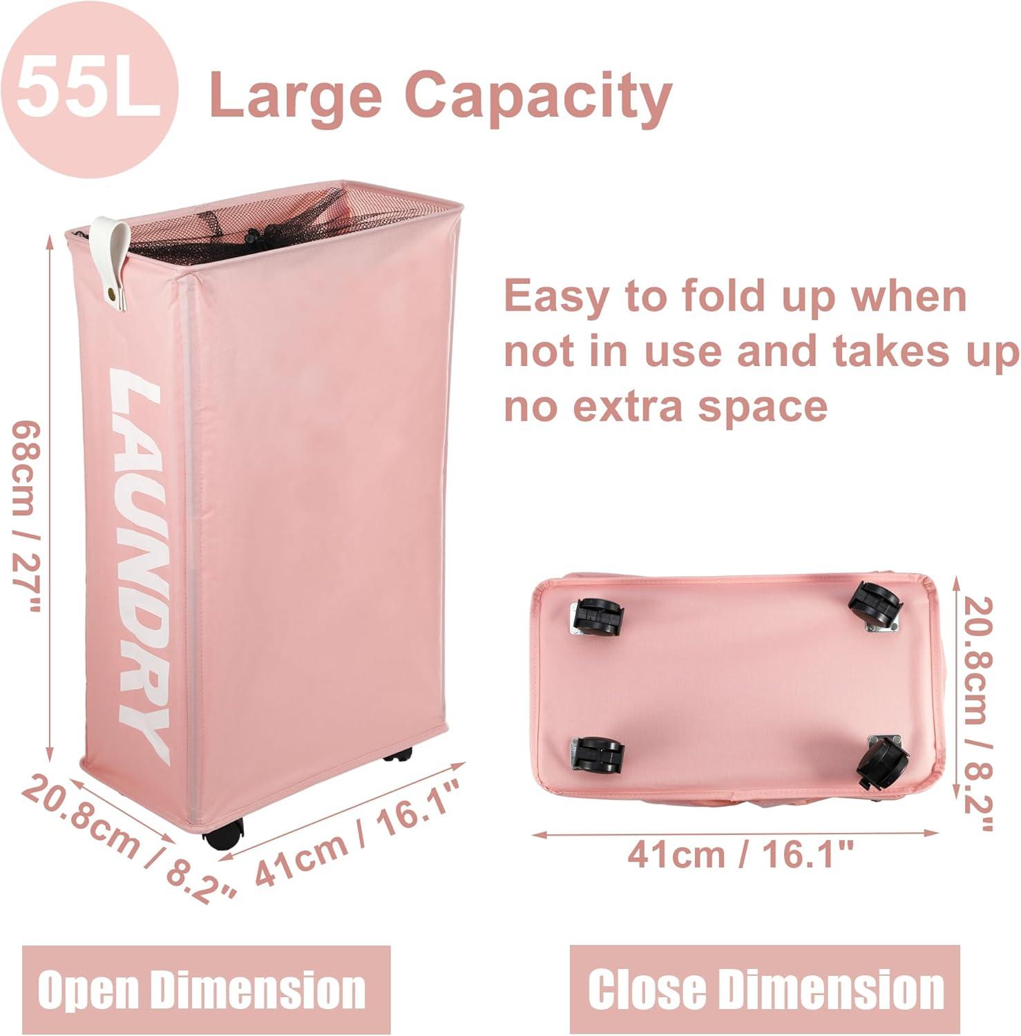 Unique Bargains Laundry Hamper with Wheels with Handle 27" Tall 1 Pc Pink