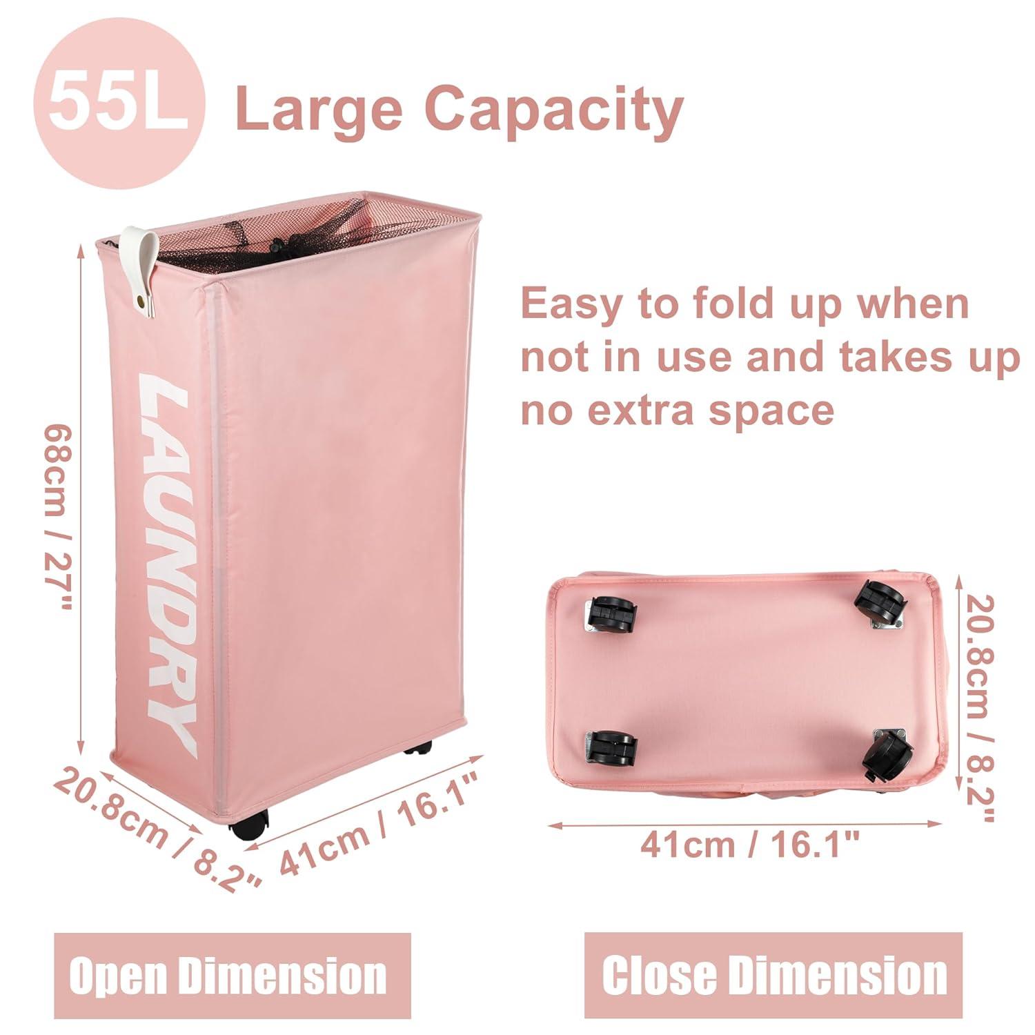 Unique Bargains Laundry Hamper with Wheels with Handle 27" Tall 1 Pc Pink