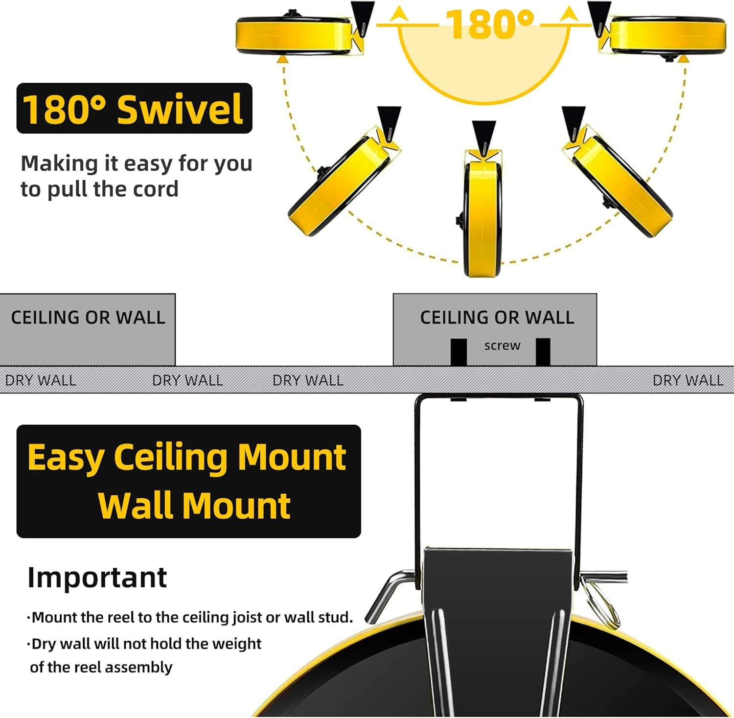 EP 30 Ft Retractable Extension Cord Reel, 16/3 SJTW Power Cord with 3 Electrical Outlets, Ceiling or Wall Mount, 10 Amp Circuit Breaker, Metal Plate, UL Listed, Red