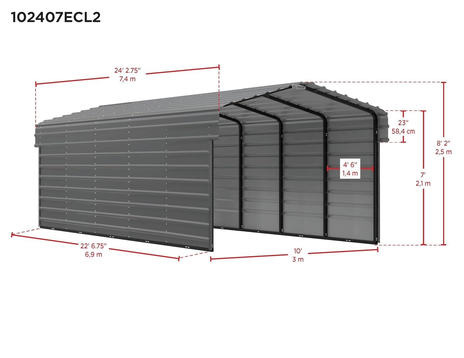 Arrow Arrow Steel Carport with 2 Side Wall Kits, 10X24X07
