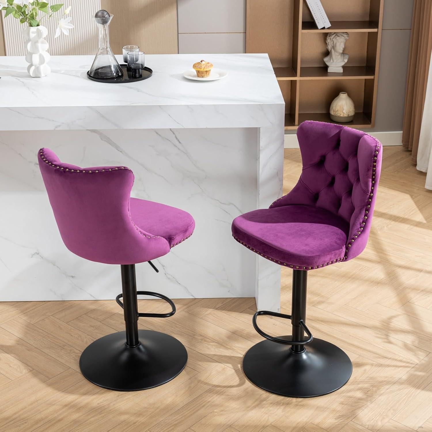 Bar Stools Set of 2, Swivel Barstools with Nailheads Trim, Velvet Button Tufted Back and Black Footrest, Adjustable Counter Height Bar Chairs for Kitchen Island Dining Room Pub, Purple