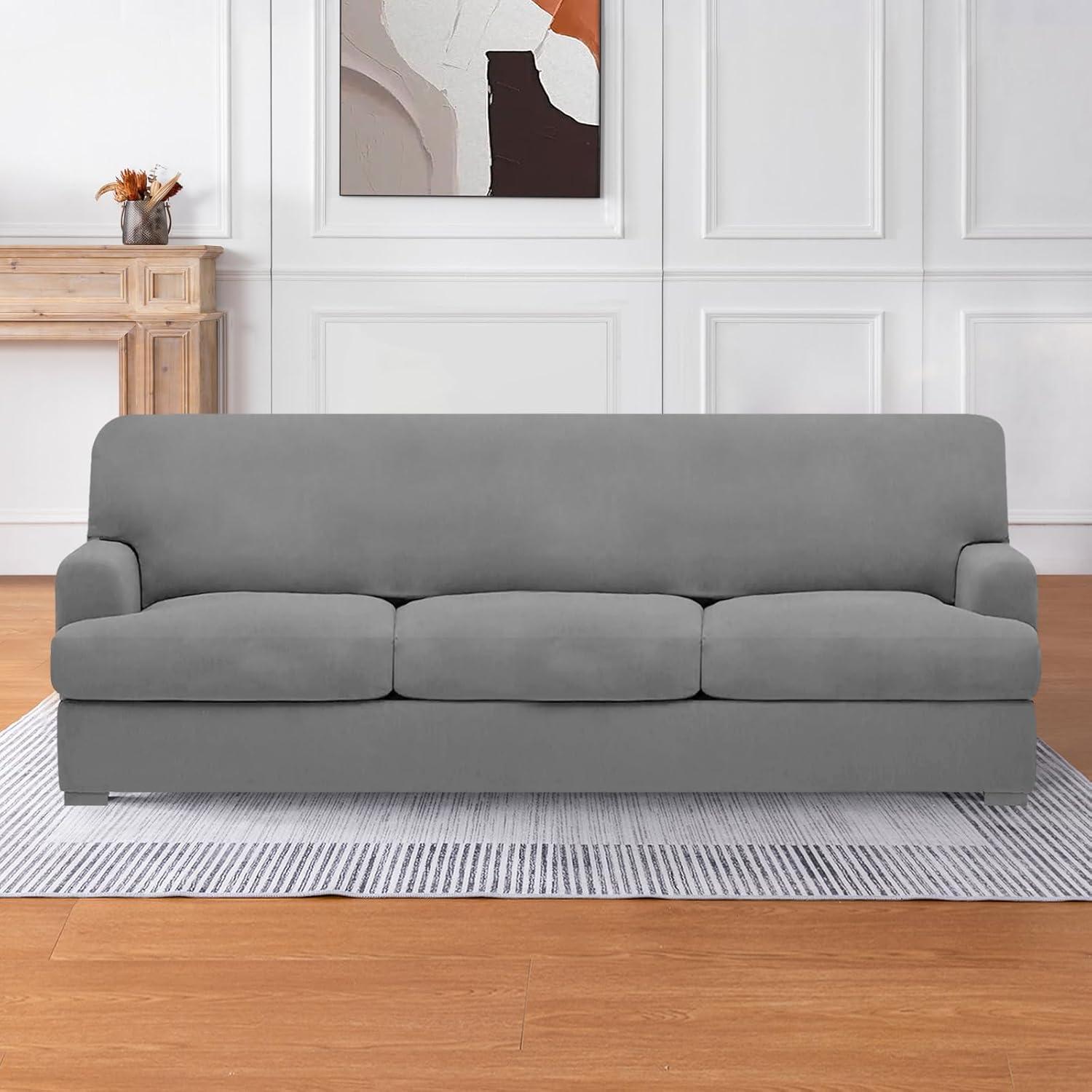 Light Grey Stretchable T Cushion Sofa Slipcover Set