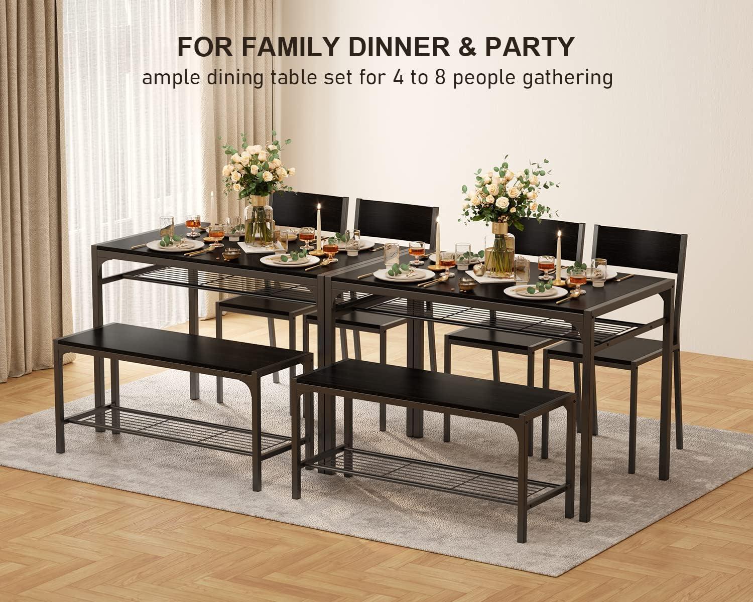 4 Piece Kitchen Dining Table with 2 Chair and Bench for Small Space Black