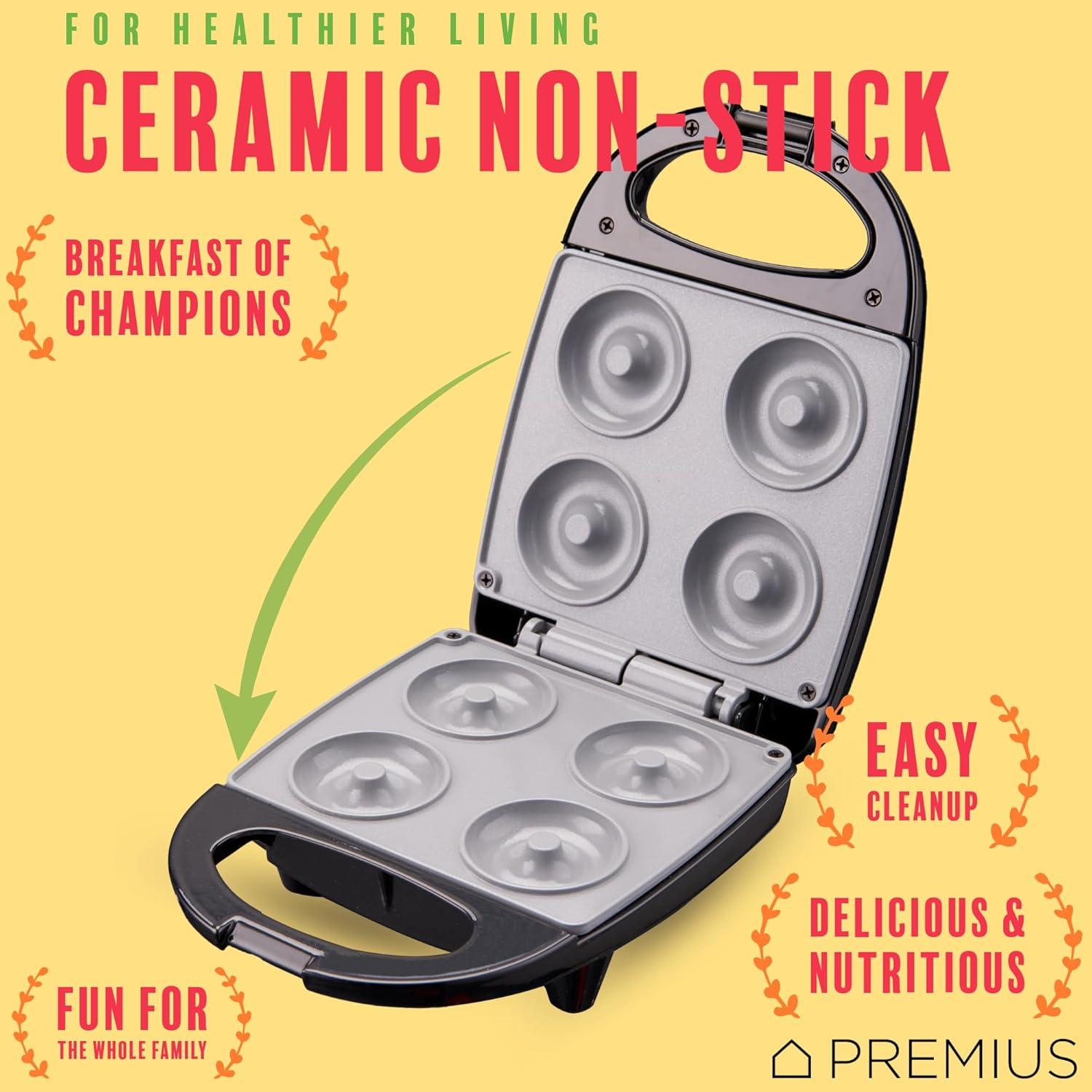 PREMIUS Ceramic Non-Stick Mini Snack Donut Maker, Black, 2 Inch Mold, 4 Count