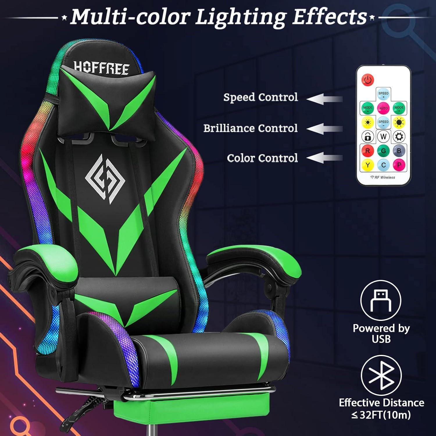 Ergonomic Black and Green Leather Gaming Chair with LED Lights