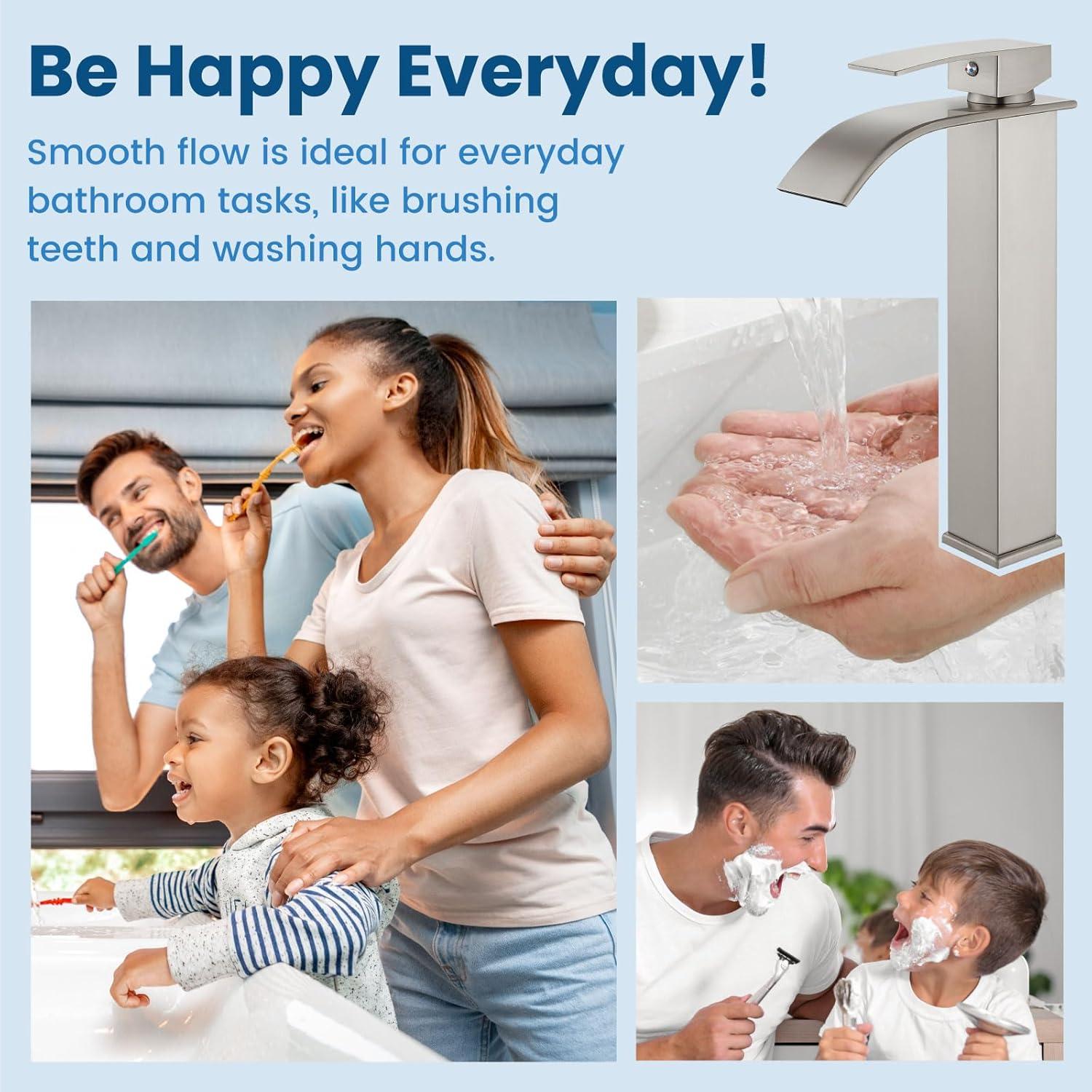 Single Handle Waterfall Vessel Sink Faucet Drain Kit Included and Single Hole in Brushed Nickel