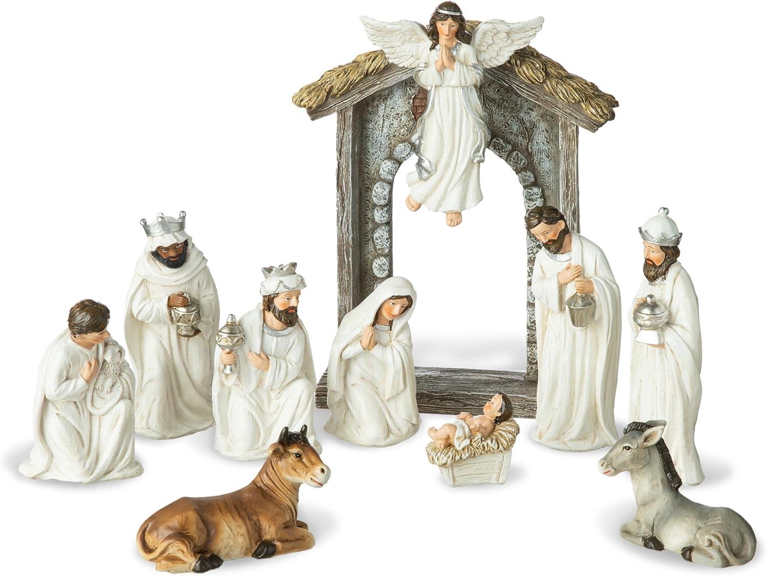 Ivory Resin Nativity Scene Set with Angel and Holy Family