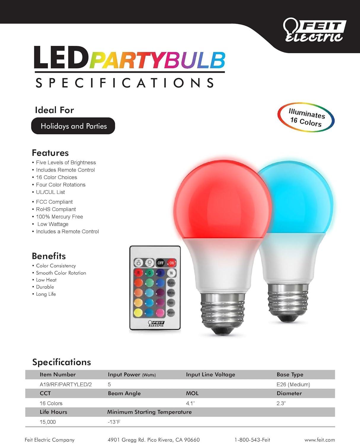 Feit Electric Multi-Color LED Party Light Bulbs with Remote