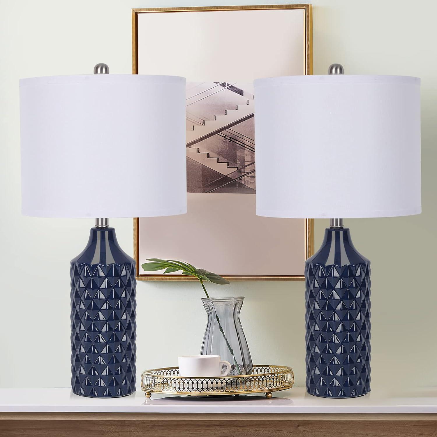 Navy Blue Ceramic Table Lamp Set with White Linen Shades