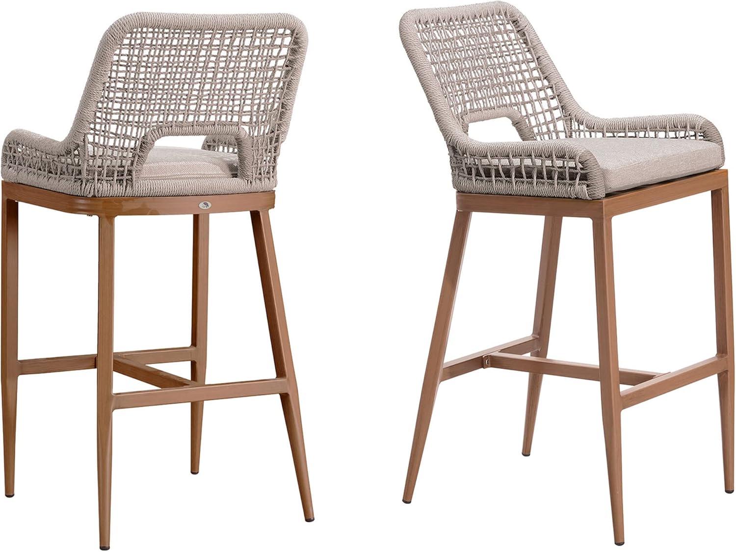 Beige and Gray Woven Rope Outdoor Bar Stools with Cushions, Set of 2