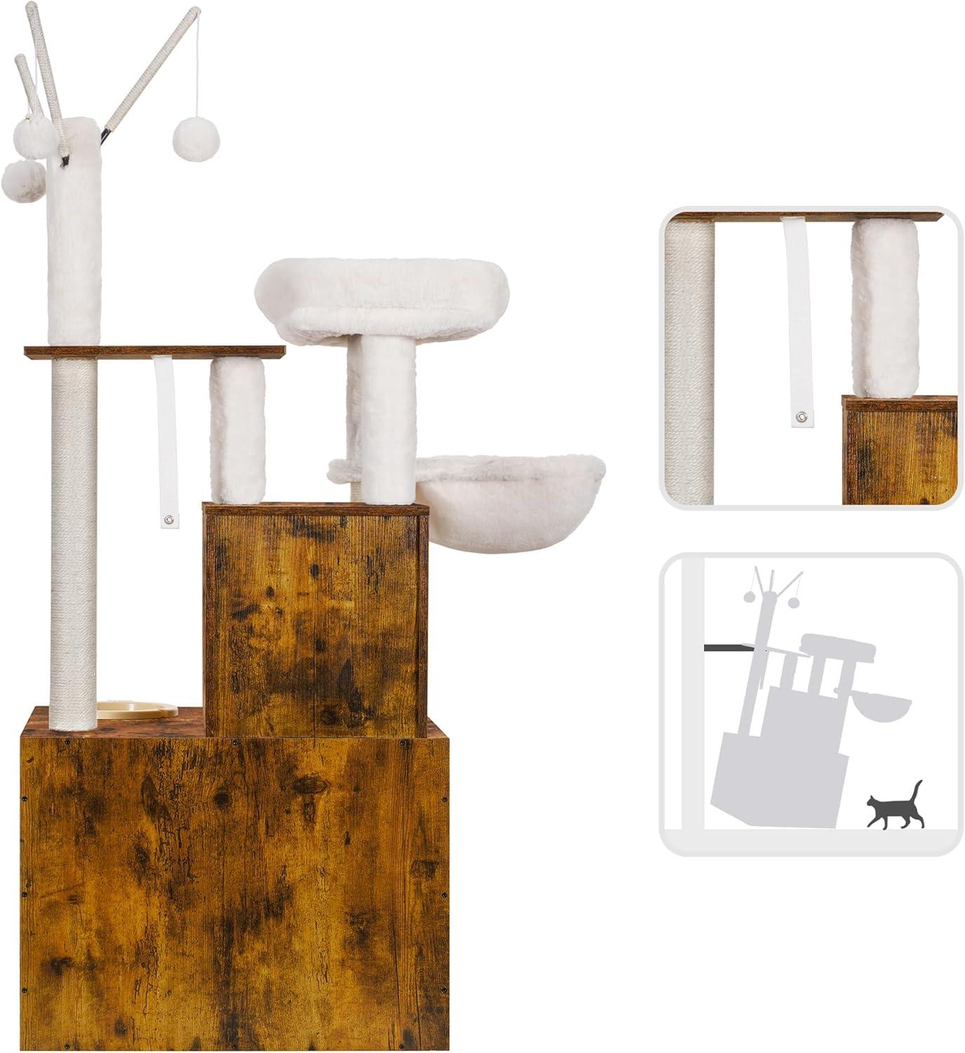 Wood Litter Box Enclosure with Food Station, All-in-one Indoor Cat Furniture with Large Platform and Condo