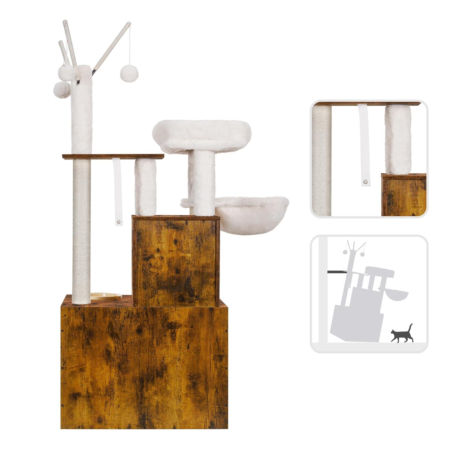 Wood Litter Box Enclosure with Food Station, All-in-one Indoor Cat Furniture with Large Platform and Condo