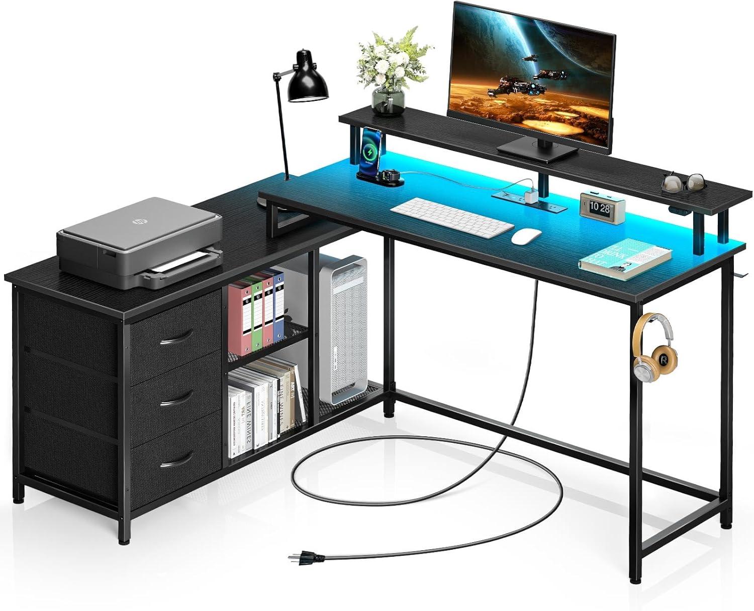 Seventable L Shaped Gaming Desk with Drawers, Reversible Computer Desk with LED Lights & Power Outlet, Home Office Desk with Monitor Stand, Hook, Corner Desk with Storage Shelves, Black