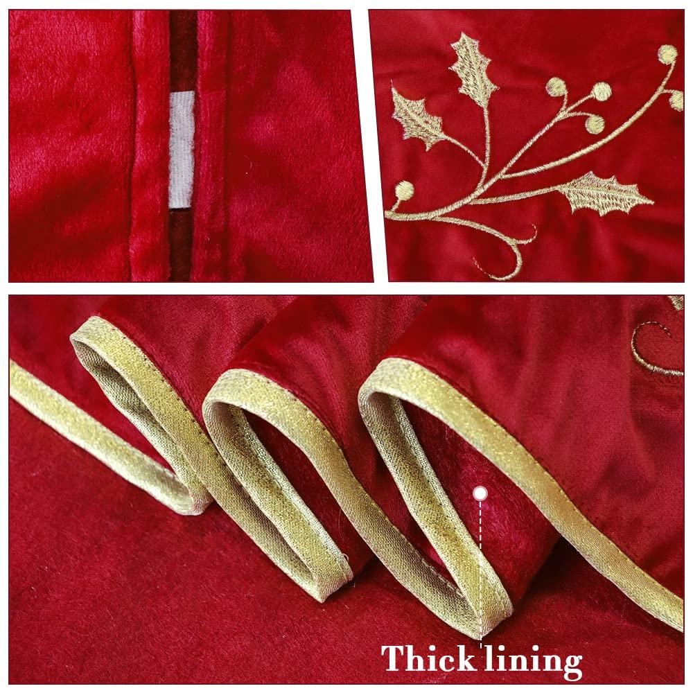 Christmas Tree Skirt, 48 inches Red Luxury Velvet Plush Fur Skirts with Gold Embroidered Holly Leaf for Rustic Xmas Tree Holiday Decorations