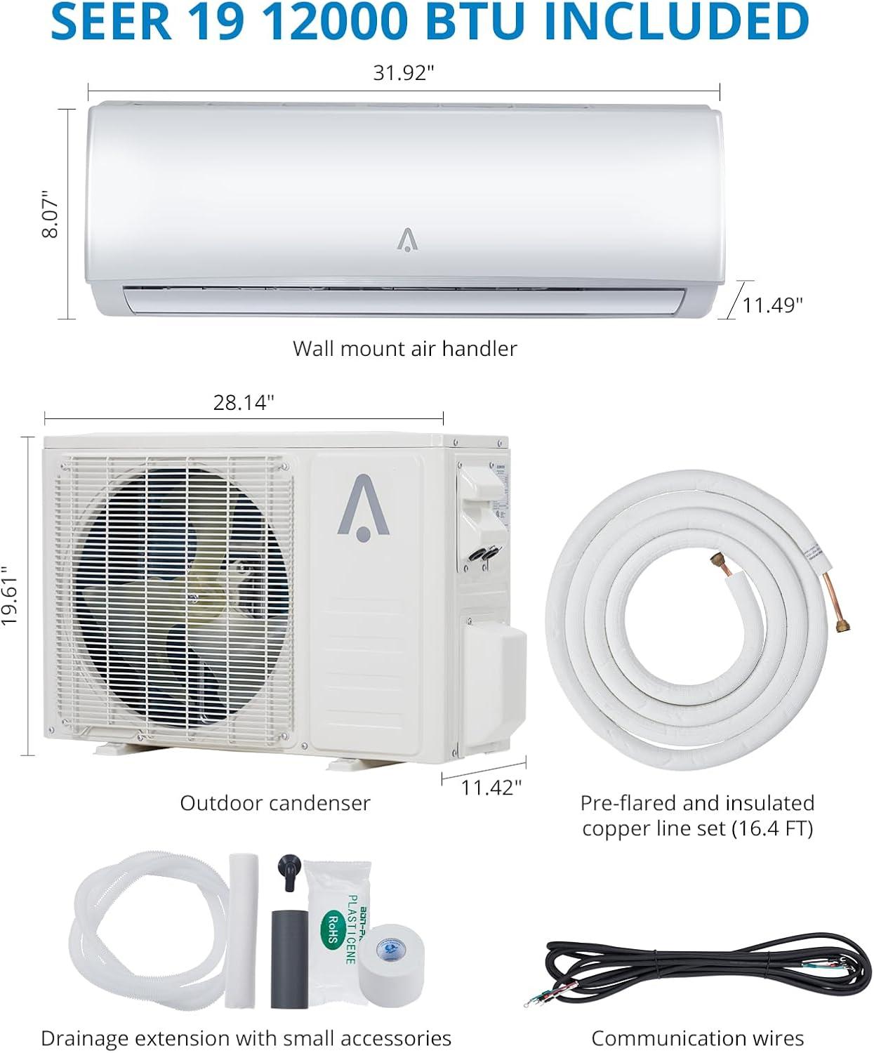 12,000 BTU 19 SEER2 Wall Mounted AC with Heat Pump & Installation Kits, Ductless Inverter Split-System Air Conditioners WIFI and Remote Control