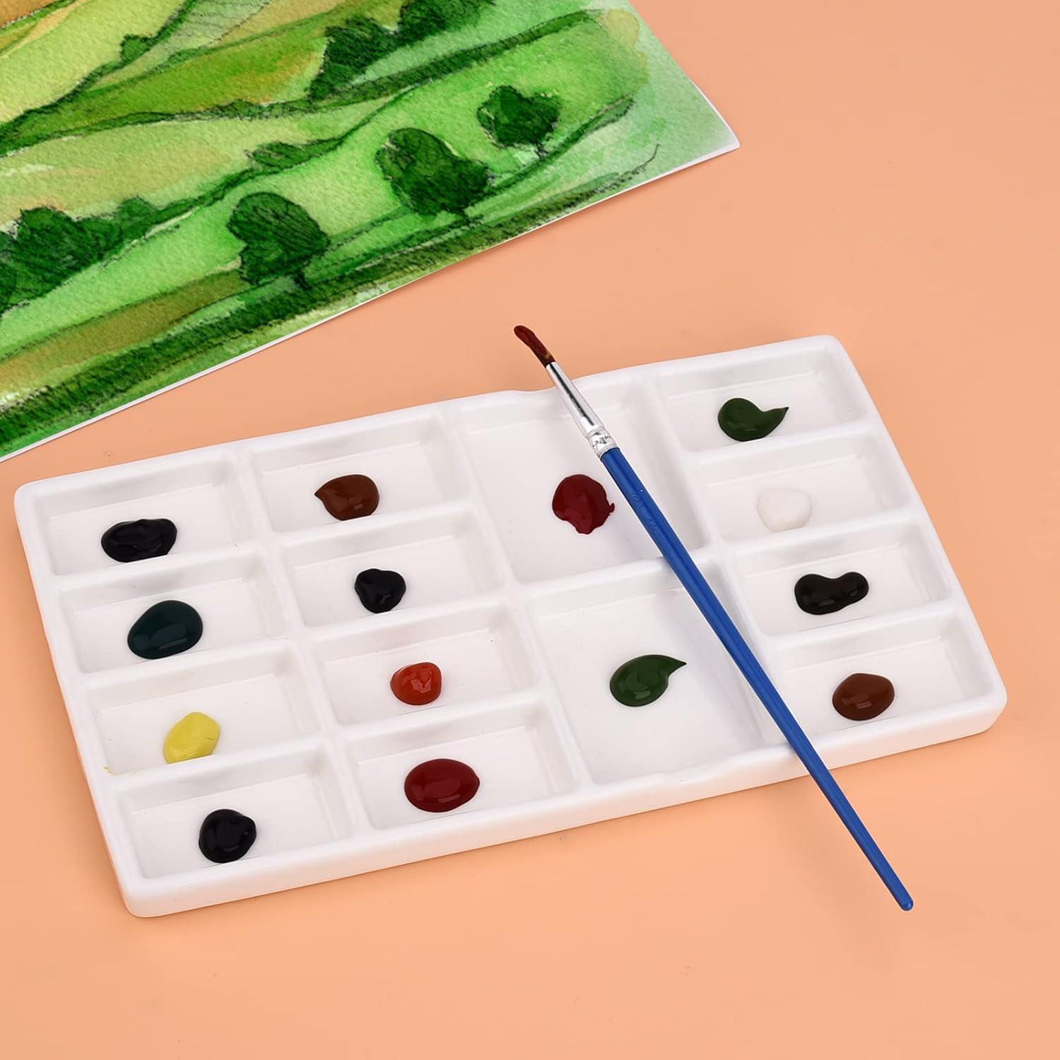 8 Inch 14 Wells Artist Ceramic Paint Palette, Rectangle Ceramic Watercolor Painting Mixing Tray for Watercolor Gouache Acrylic Oil Painting