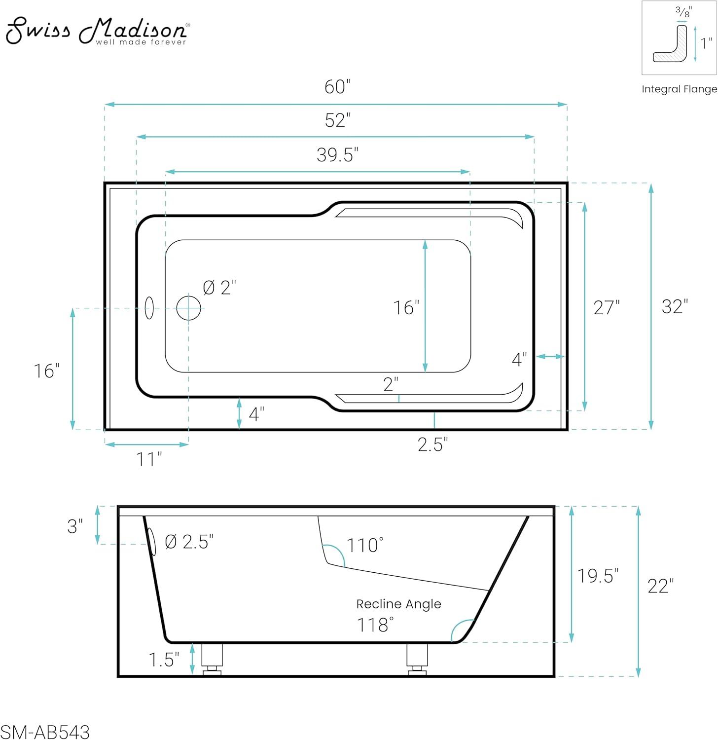 Voltaire 60" x 32" Alcove Bathtub with Apron