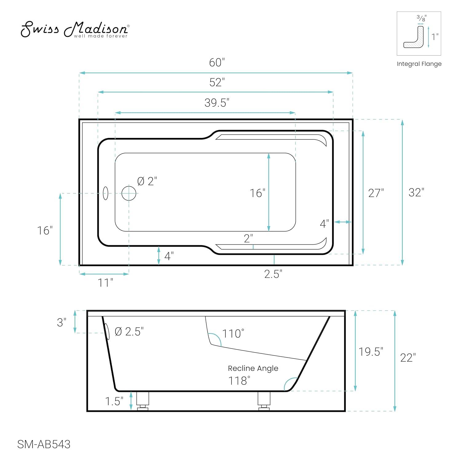 Voltaire 60" x 32" Alcove Bathtub with Apron