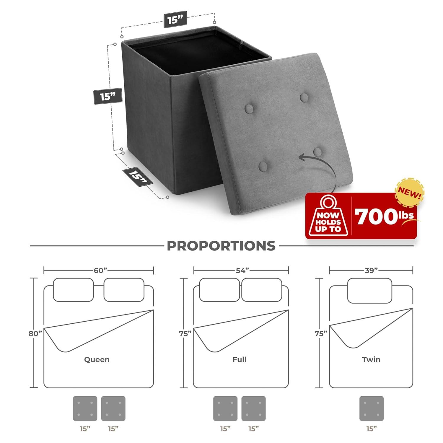 Sorbus Faux Suede Storage Ottoman Cube - Seat & Declutter! Plush cushion, hidden storage, lightweight & portable. Folds flat (Gray)