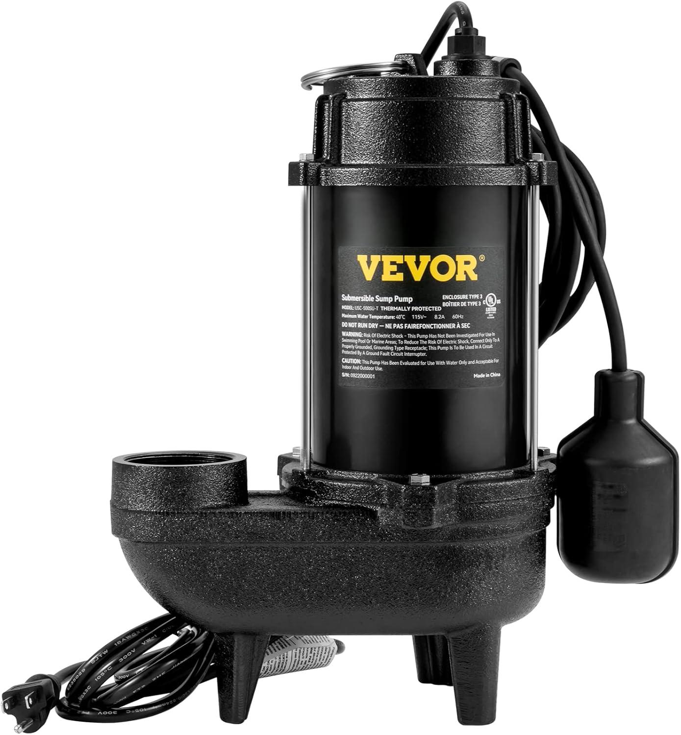 VEVOR 3/4 HP Black Cast Iron Submersible Sewage Pump with Float Switch