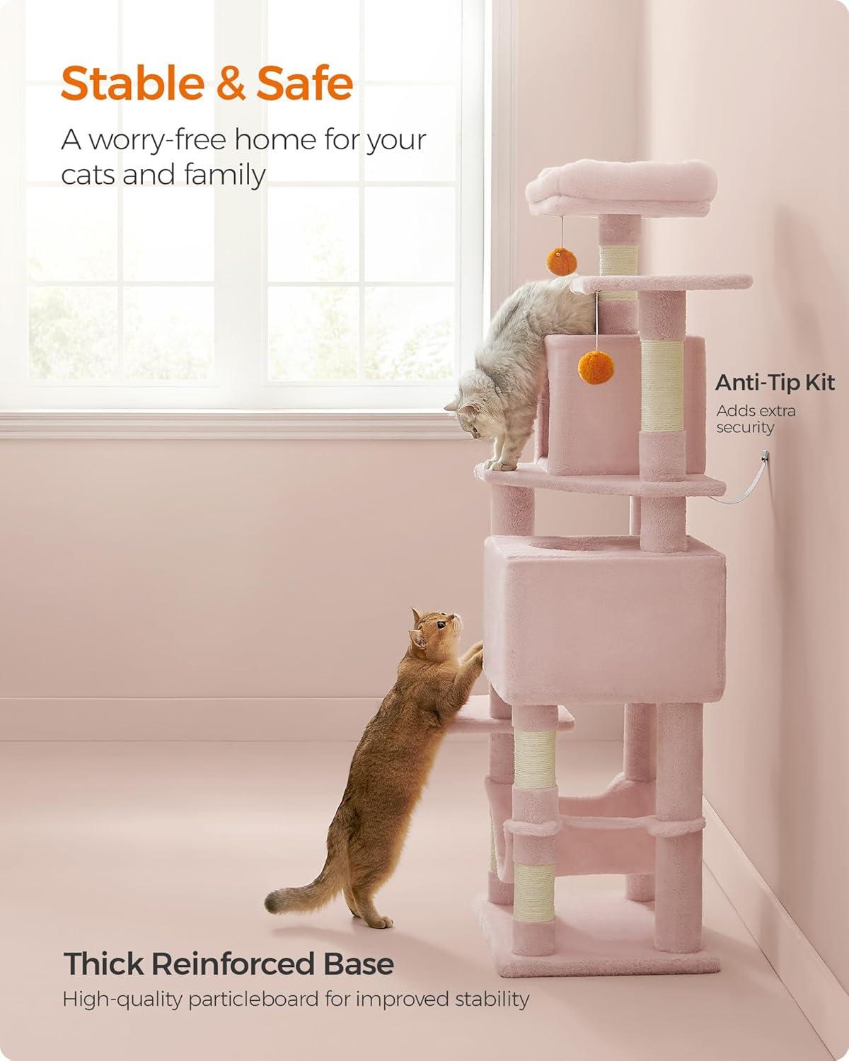 Feandrea Cat Tree, 61-Inch Cat Tower for Indoor Cats, Plush Multi-Level Cat Condo with 5 Scratching Posts, 2 Perches, 2 Caves, Hammock, 2 Pompoms, Jelly Pink UPCT192P01