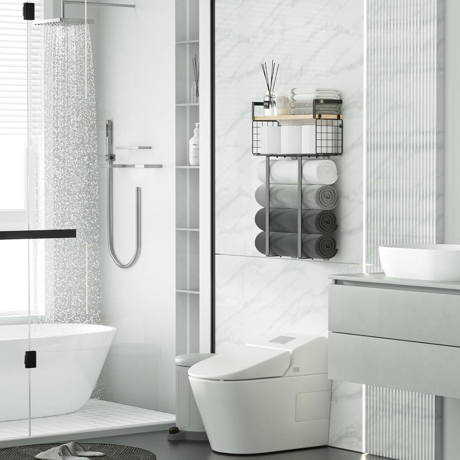 Towel Racks For Bathroom, Metal Towel Holder With Storage Basket,Wall Towel Rack For Rolled Towels, Towel Storage For Small Bathroom,Bathroom Shelves