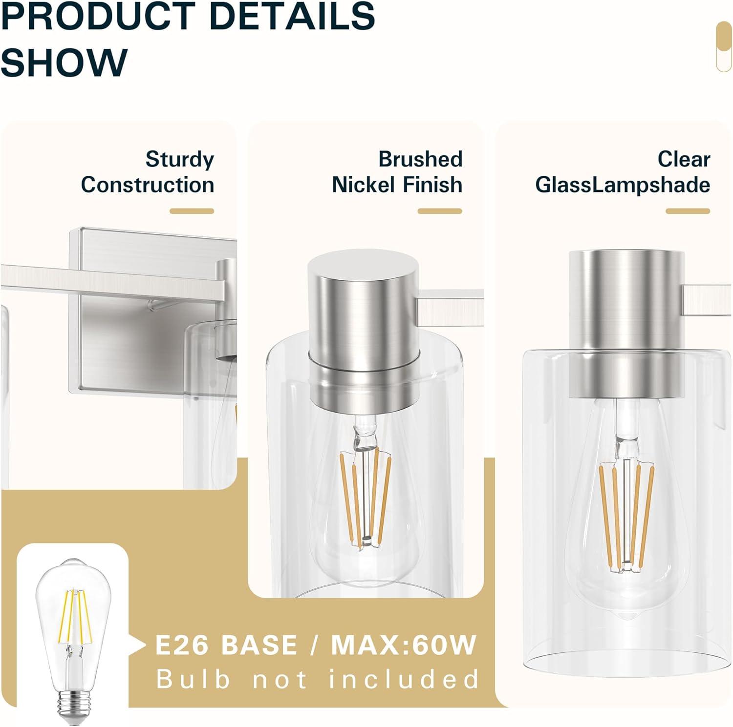 3-Light Brushed Nickel Wall Sconces for Bathroom, Modern Vanity Light Fixtures Over Mirror, Wall Lamp with Clear Glass Shade, E26 Wall Sconces Over Mirror for Bathroom, Living Room, Hallway