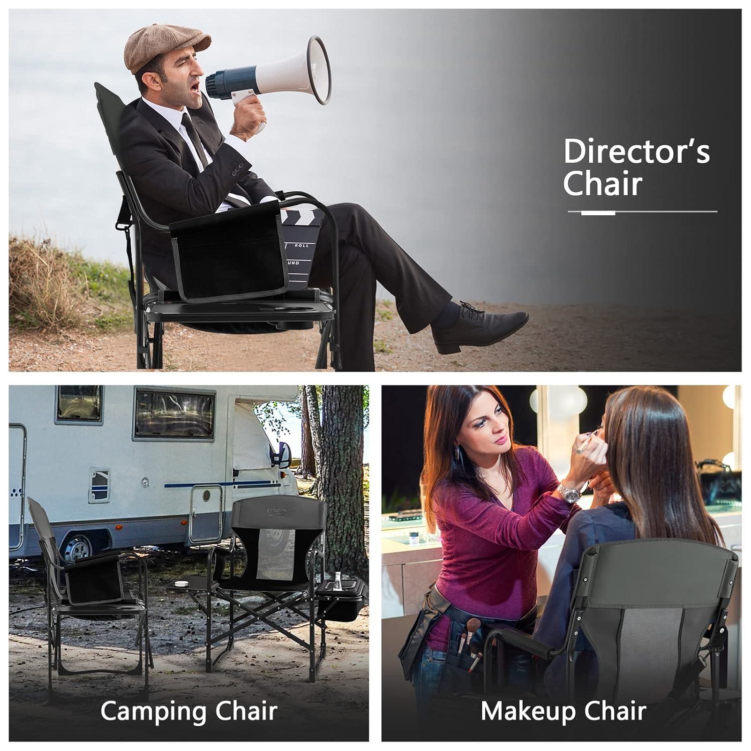 Topcobe Folding Camping Directors Chair with Cooler Bag and Side Table, Portable Chairs for Adults, Comfy Outdoor Chair, Black