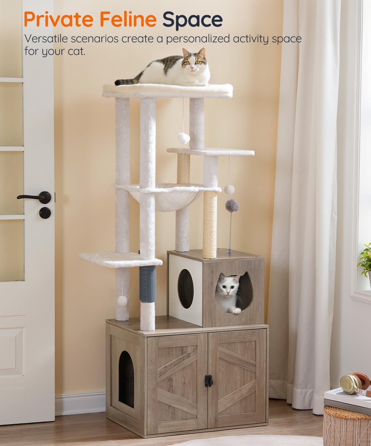 Litter Box Enclosure with Cat Tree, 2-in-1 Cat Tree Tower, Hidden Cat Litter Box Furniture with Scratching Post, Modern Cat Condo, Grey