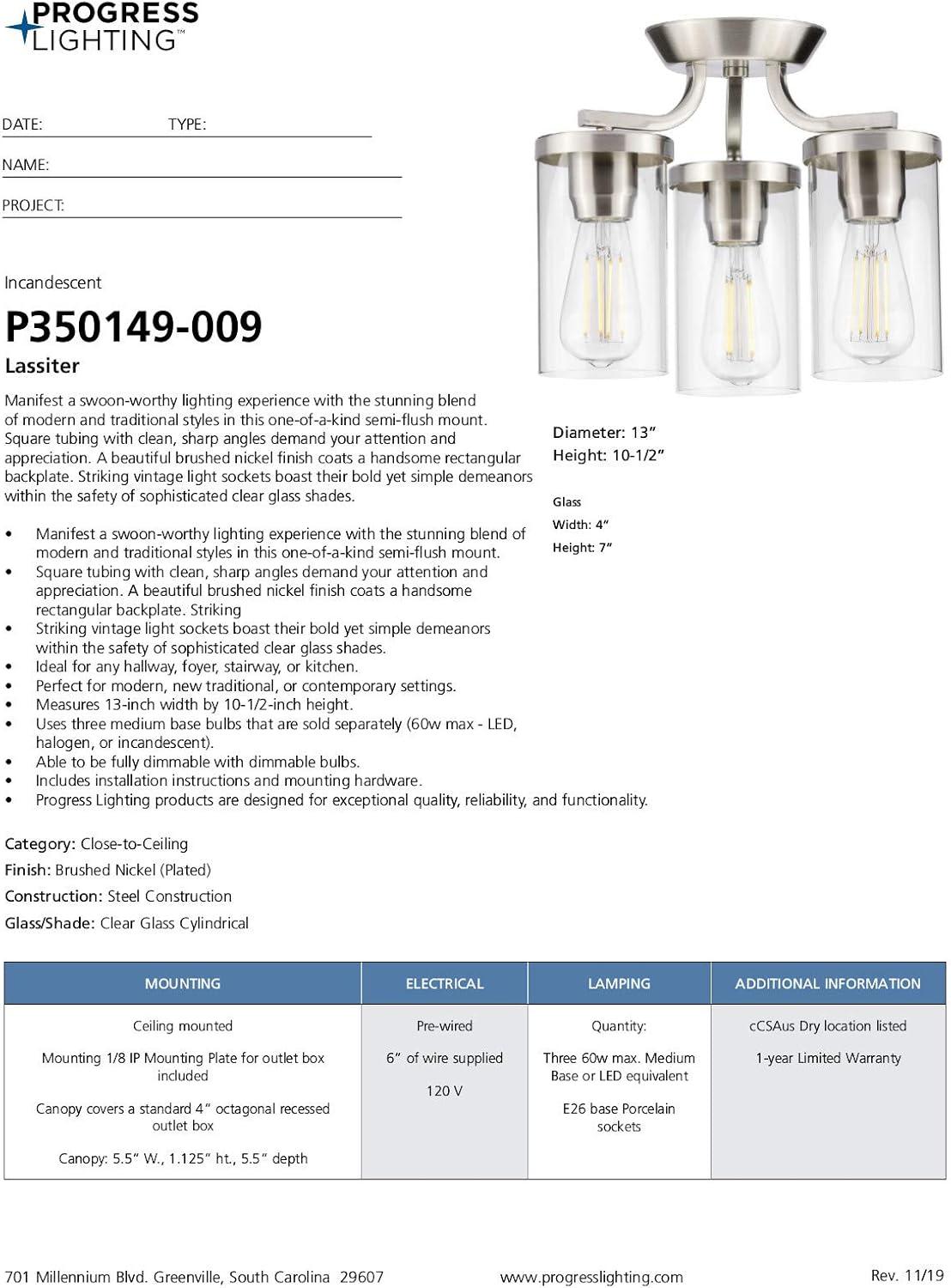 Progress Lighting Lassiter 3-Light Semi-Flush Mount, Brushed Nickel, Clear Glass Shades