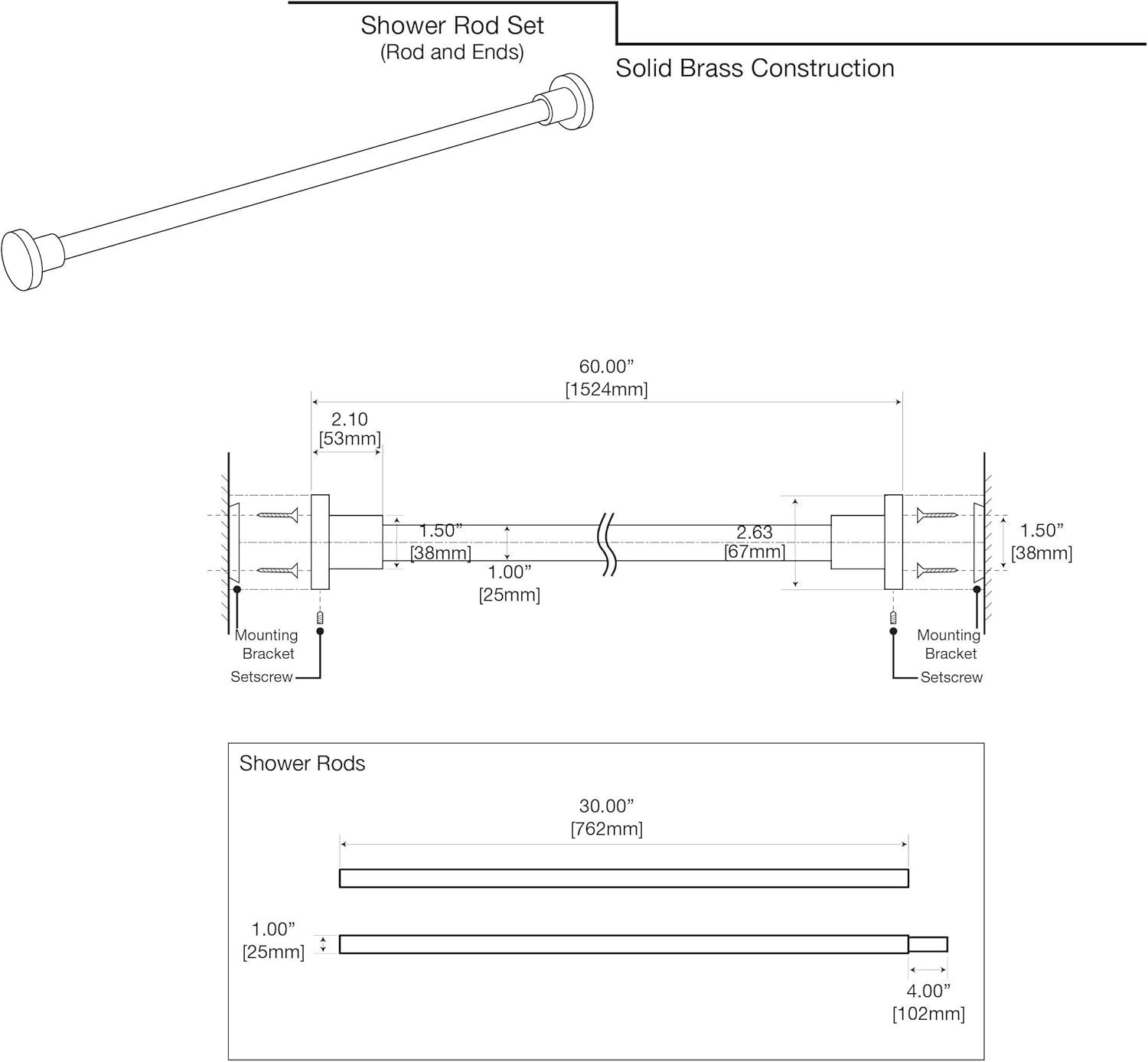 Gatco Minimalist 60" Straight Fixed Shower Curtain Rod | Wall Mount Solid Brass Shower Rod