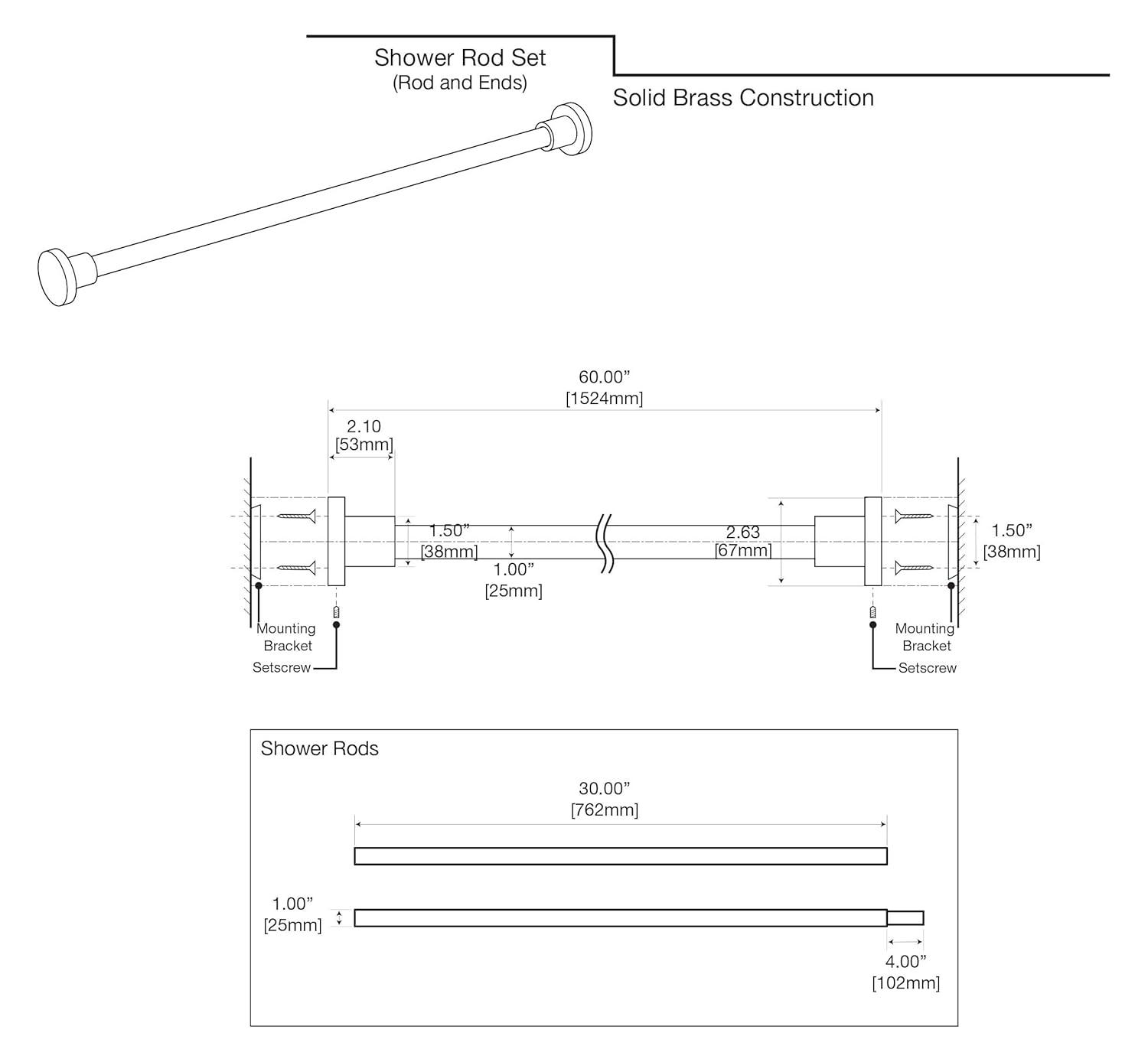 Gatco Minimalist 60" Straight Fixed Shower Curtain Rod | Wall Mount Solid Brass Shower Rod