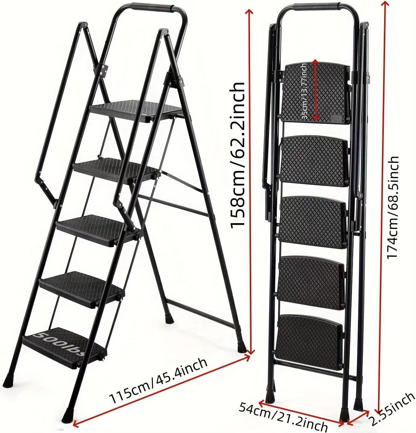 5 Step Ladder with Anti Slip Wide Pedals,Lightweight Folding Step Stool with Automatic Folding Side Armrests,Easy to Store,Multi-purpose Step Stool Foldable for Home and Office,Black