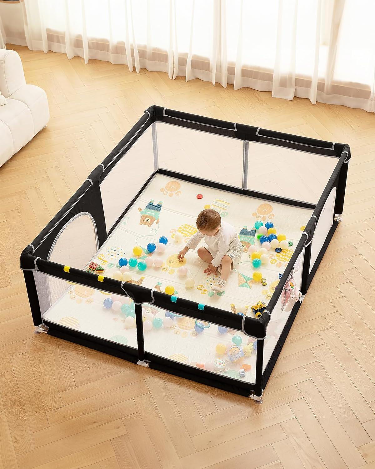 Extra Large Black Baby Playpen with Soft Mesh and Gate