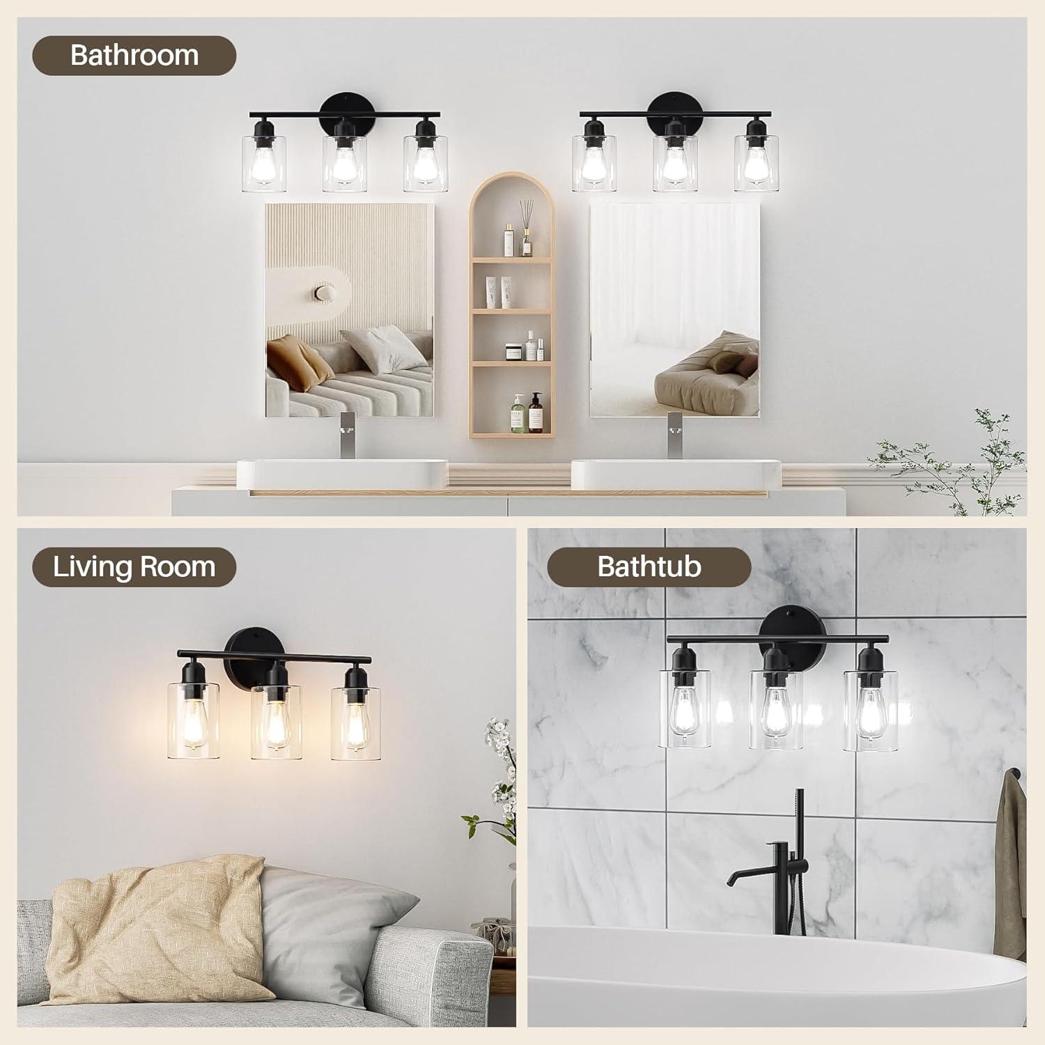 3-Light Bathroom Light Fixtures Bathroom Vanity Lights with Clear Glass Shades Matte Black Bathroom Light Fixtures over mirror for Mirror Living Room Cabinet Bedroom Porch