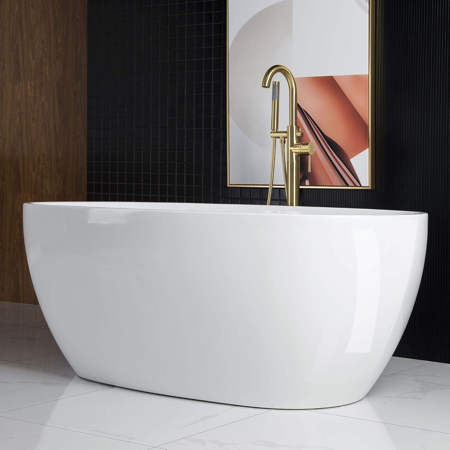 WOODBRIDGE 71" Acrylic Freestanding Bathtub Contemporary Soaking Tub, White Acrylic,Brushed Gold Drain/Overflow