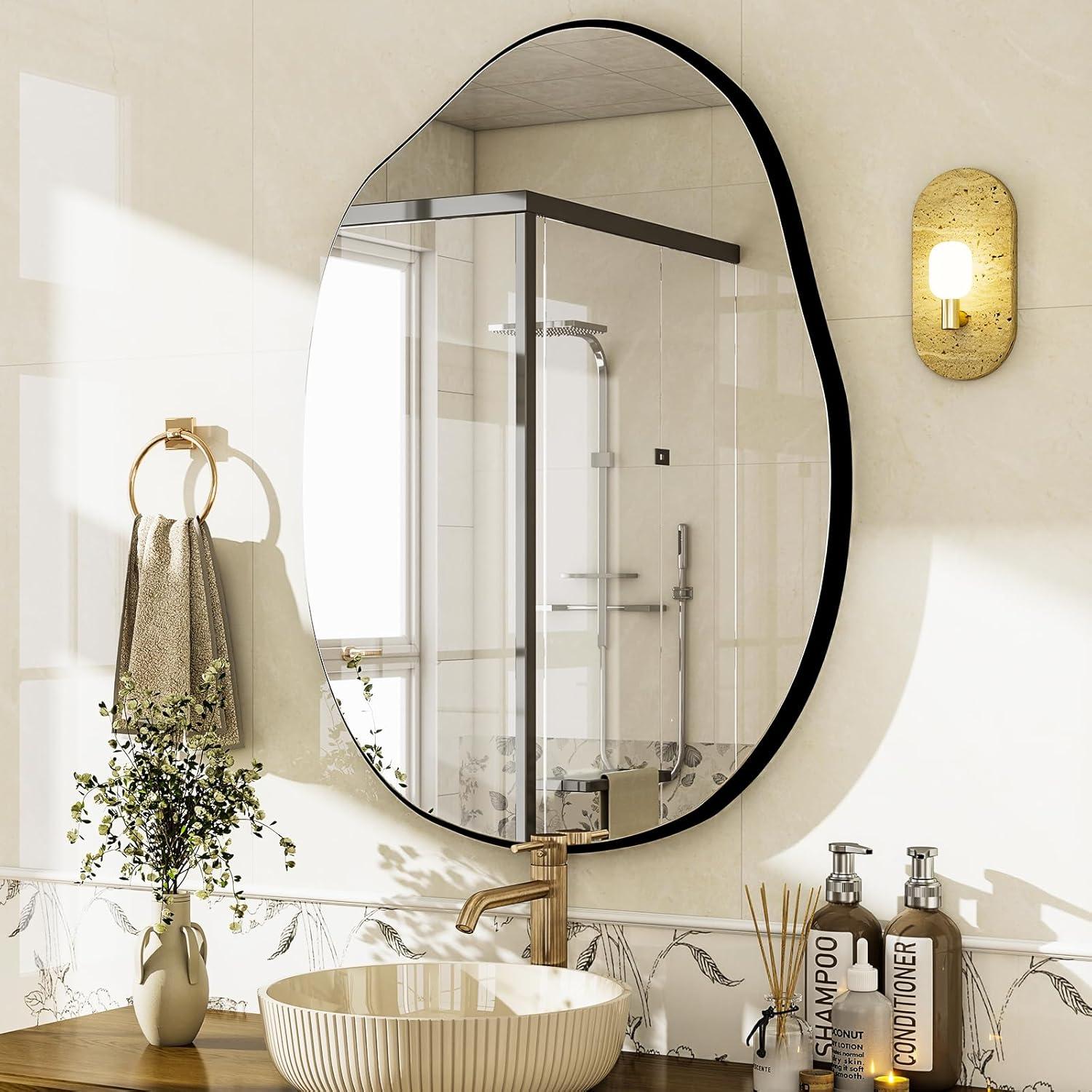 HARRITPURE Irregular Wall Mirror 26"x38" Black Asymmetrical Bathroom Mirror Wood Framed Modern Decorative Vanity Mirrors for Bedroom Living Room Entryway