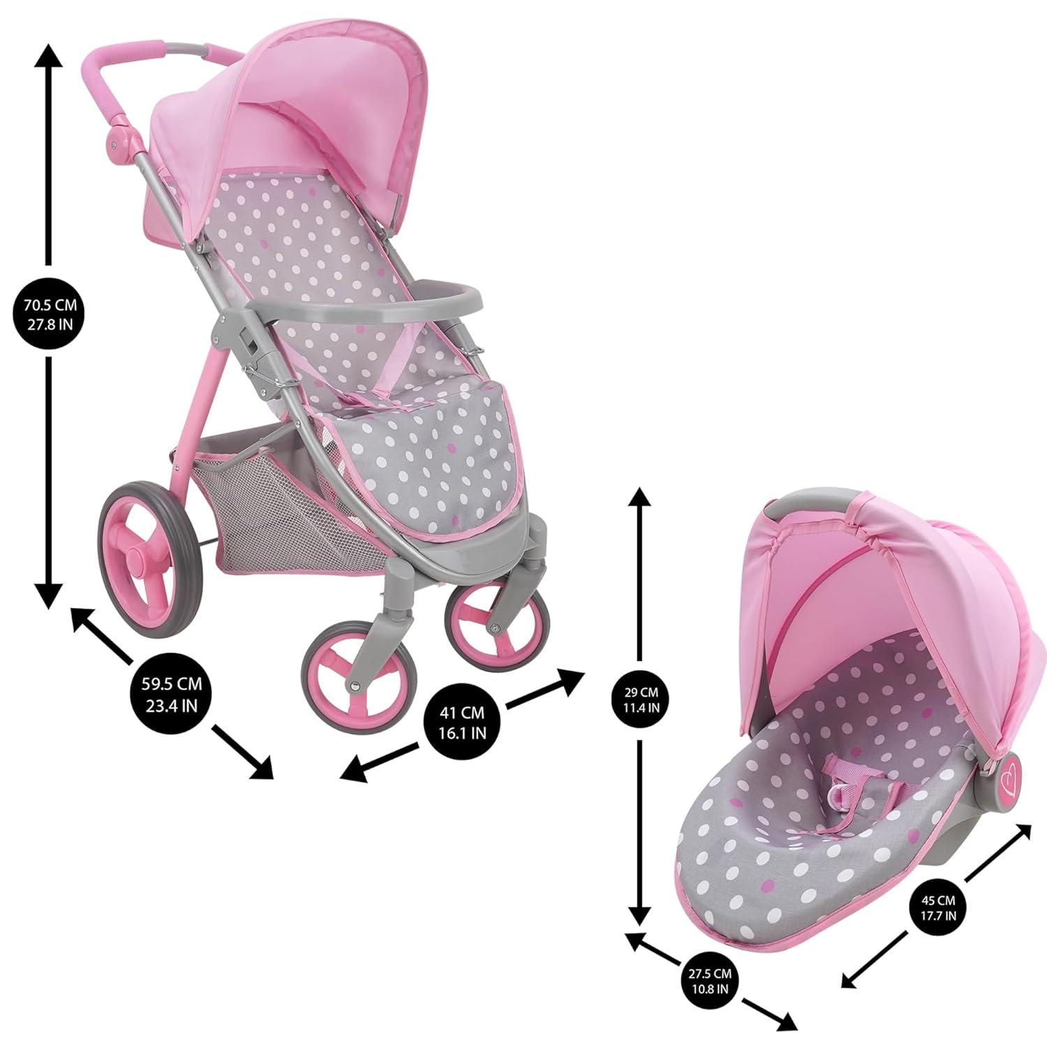 Cotton Candy Pink Doll Travel System in Grey Polka Dots, Fits Dolls Up to 18"