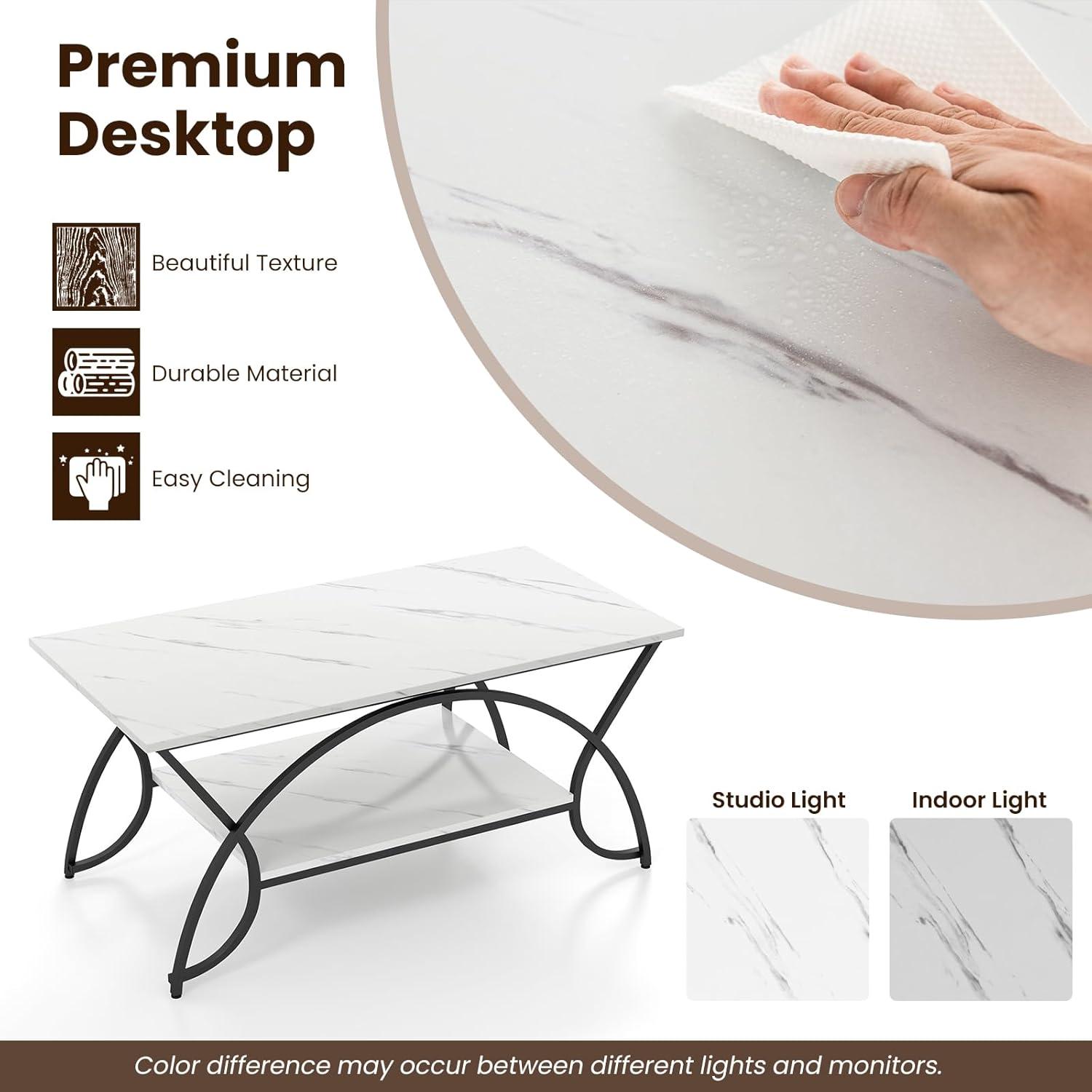 Kepooman Coffee Table,Center Table, Modern Sofa Table Tea Table,2-Tier Faux Marble Coffee Table with Marble Top and Metal Frame-Black & White