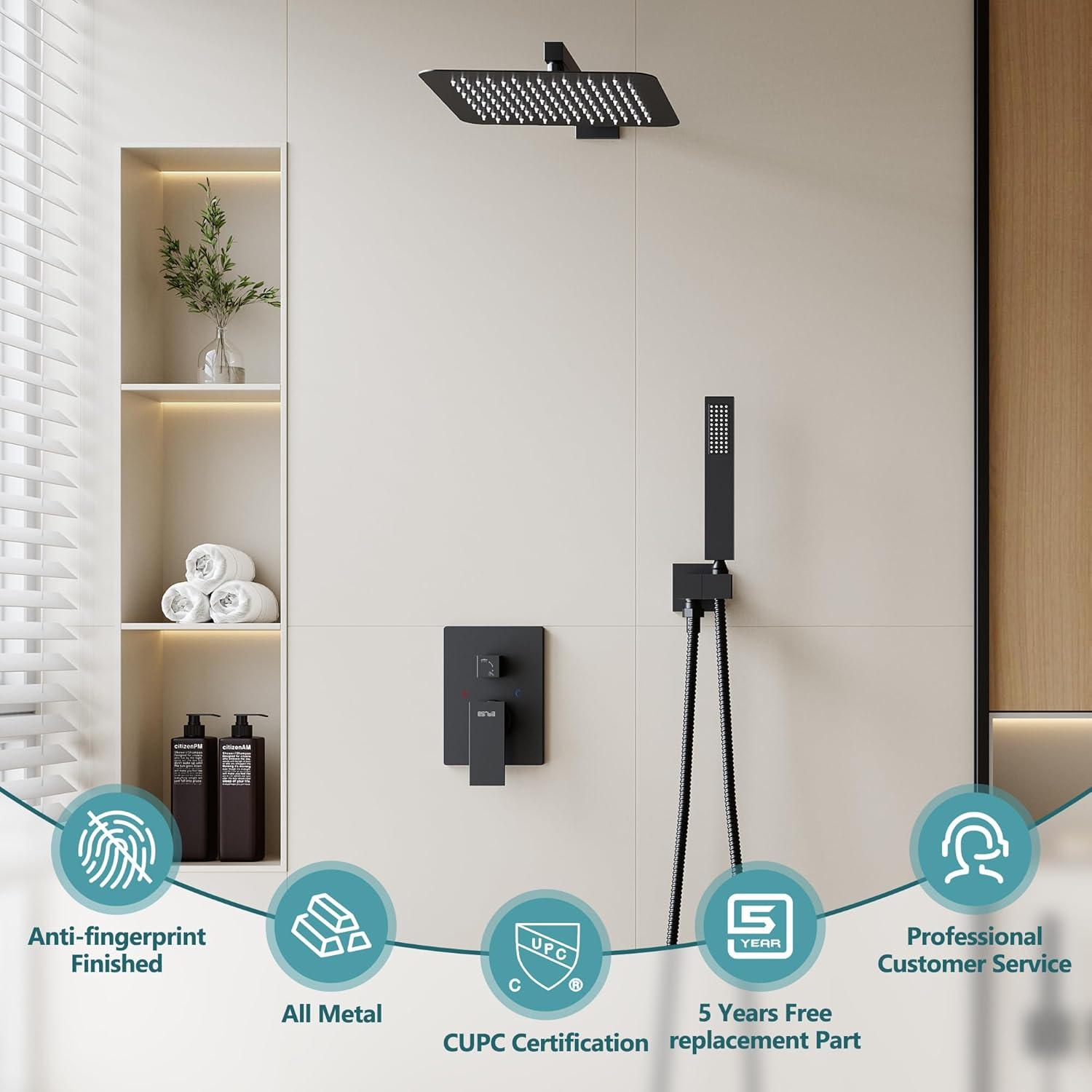 Shower Faucet Set 12" Matte Black Shower Head And Handle Set Rainfall Shower System with Square Rain Shower Head and High Pressure Handheld Spray