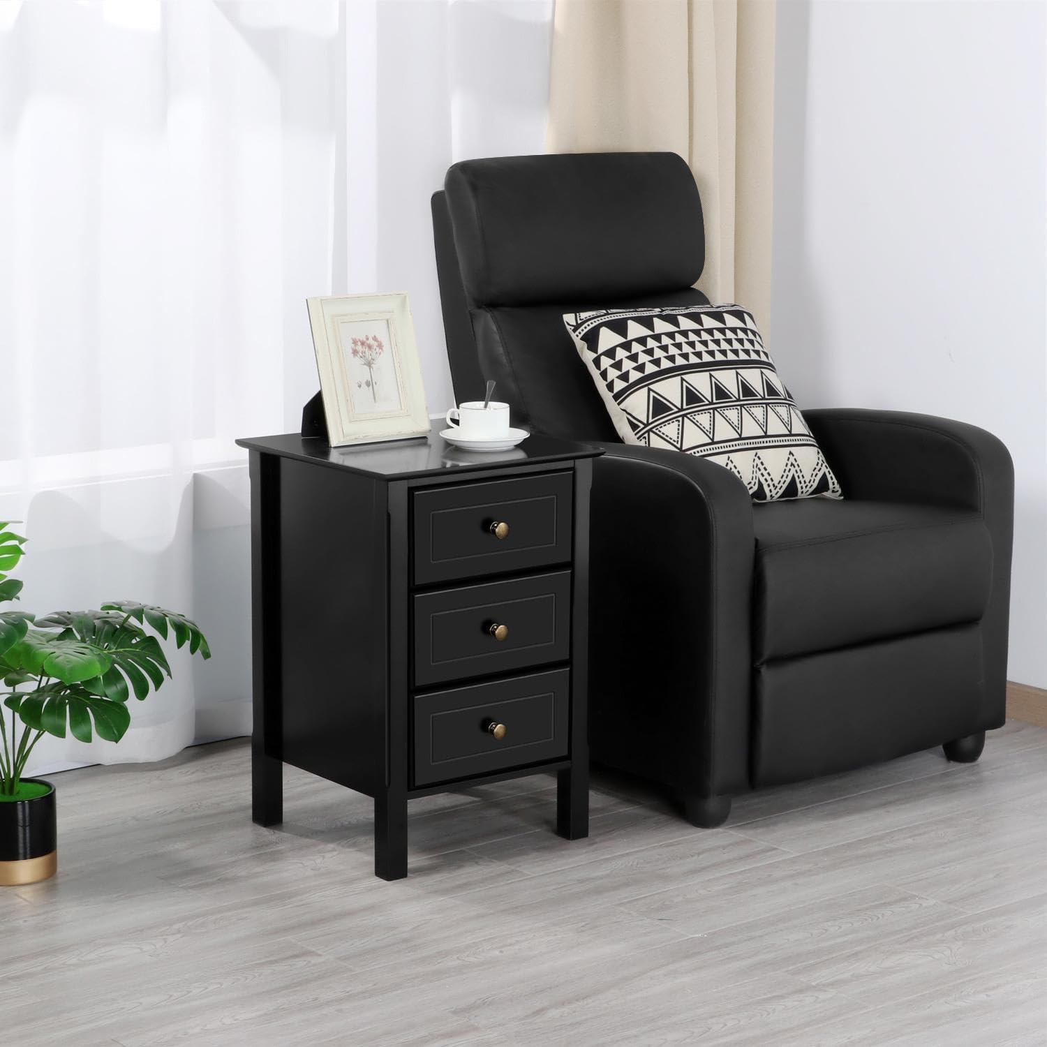 Yaheetech 3 Drawer End Table with Solid Wood Legs for Living Room, Black