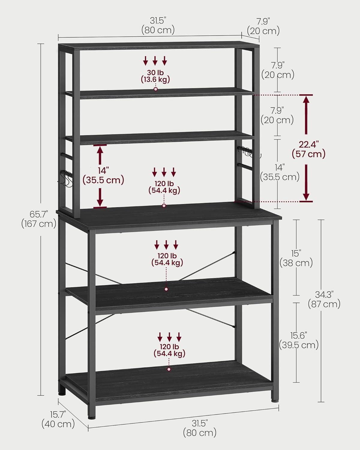 31.5 Inches Coffee Bar Baker's Rack for Kitchen with Storage, 6-Tier Shelves with 6 Hooks, Microwave Stand, Industrial Style, Charcoal Gray and Black UKKS019B22