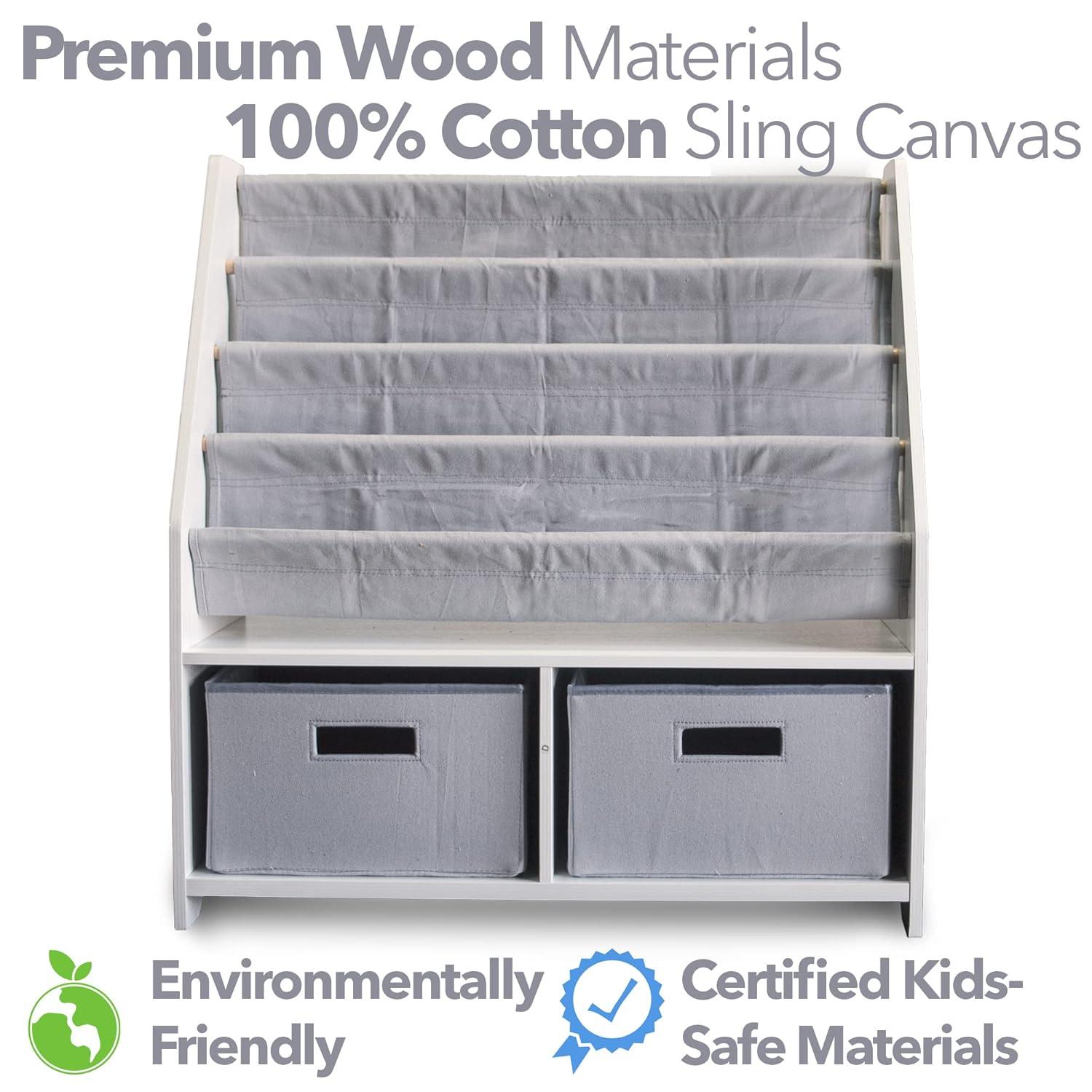 WonkaWoo Kids Sling Bookshelf Wooden Book Rack, Canvas Slings and 2 Storage Toys Organizer, White Bookshelf with Grey Slings