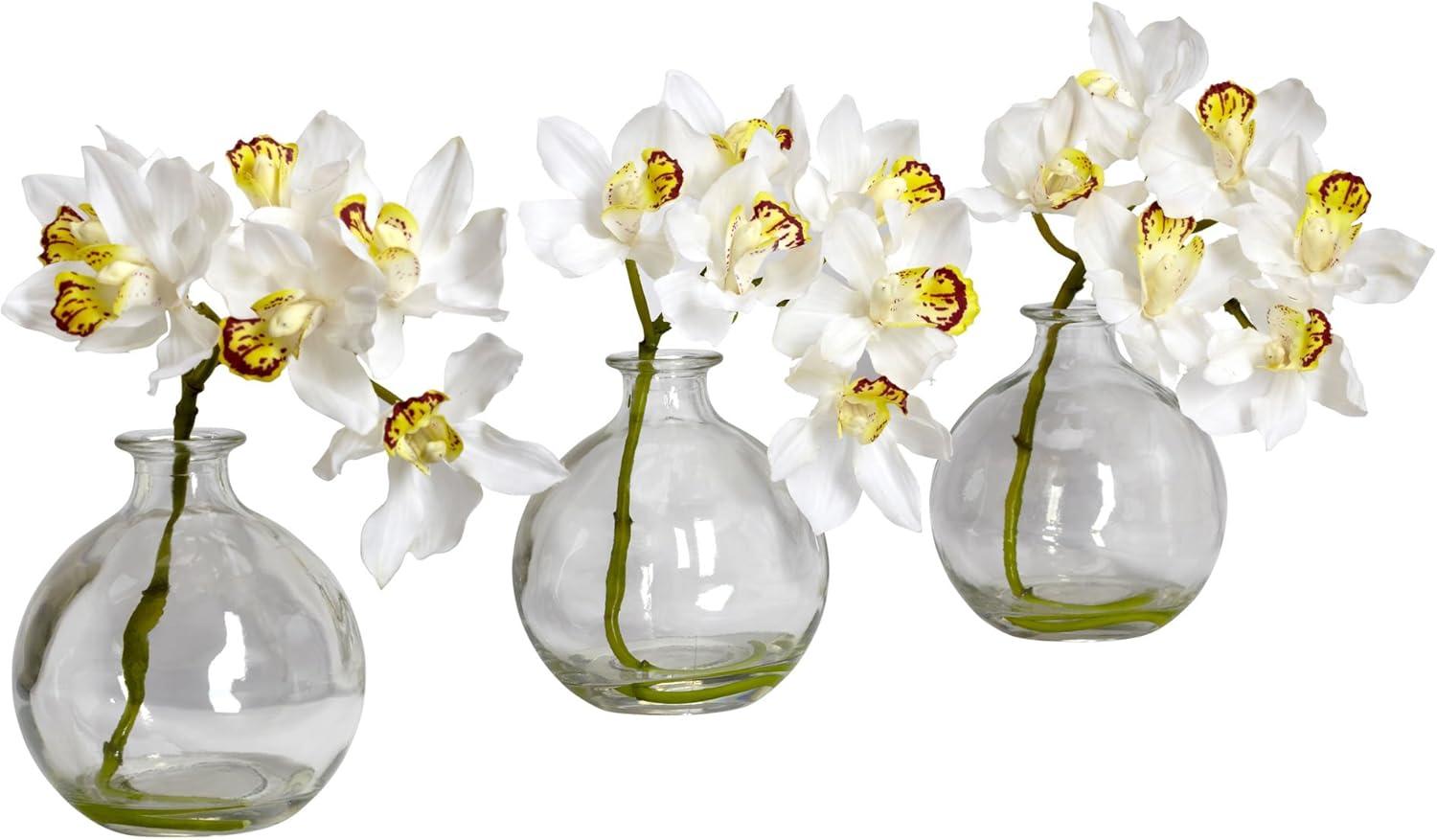 Nearly Natural Cymbidium with Vase Silk Flower Arrangement (Set of 3)