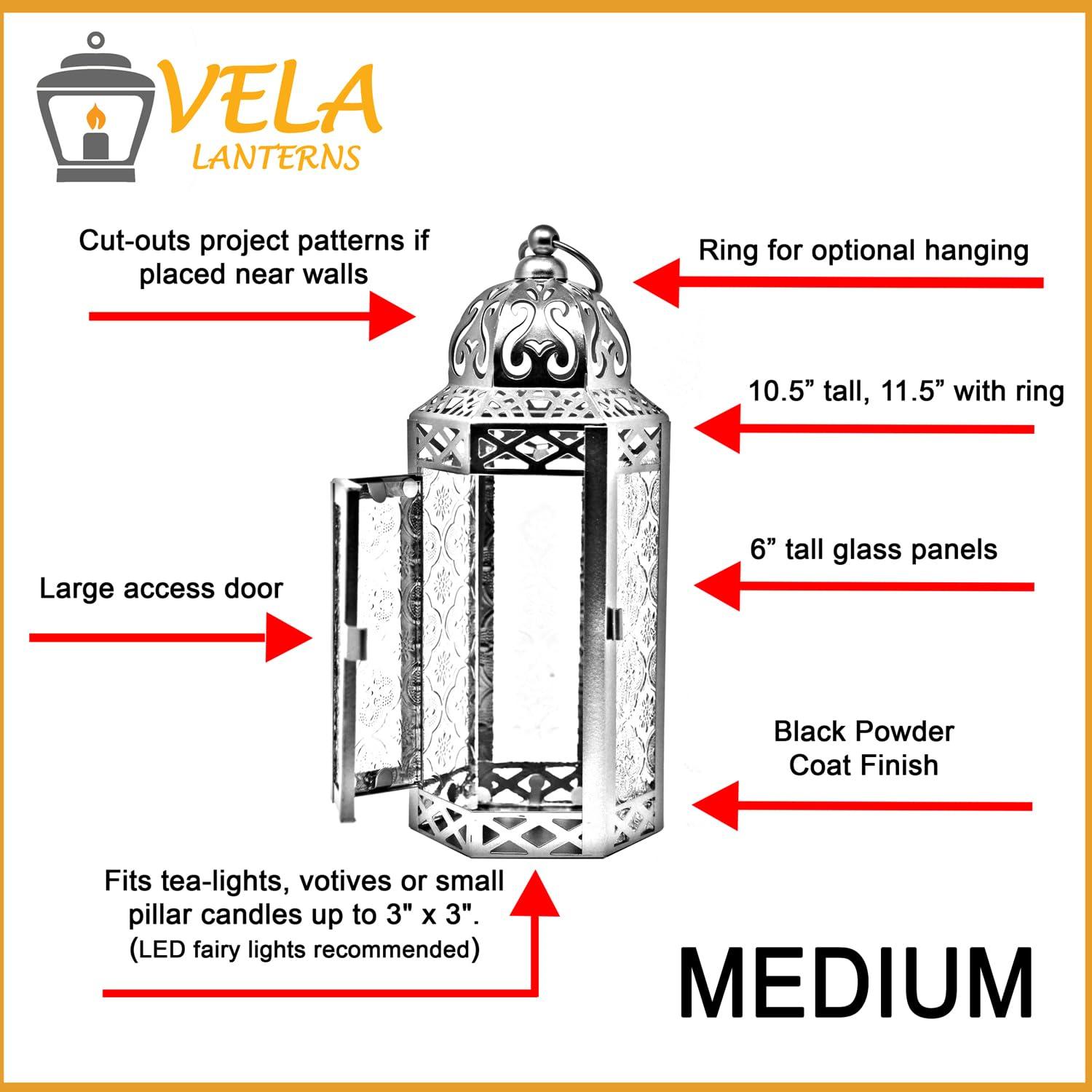 VELA LANTERNS 10.5" Moroccan Lamp Lantern Decorative Candle Holder for Indoor Outdoor Home Decor, Patio, Weddings, Ramadan Decorations, Black Metal, Purple Glass, Medium, Set of 3