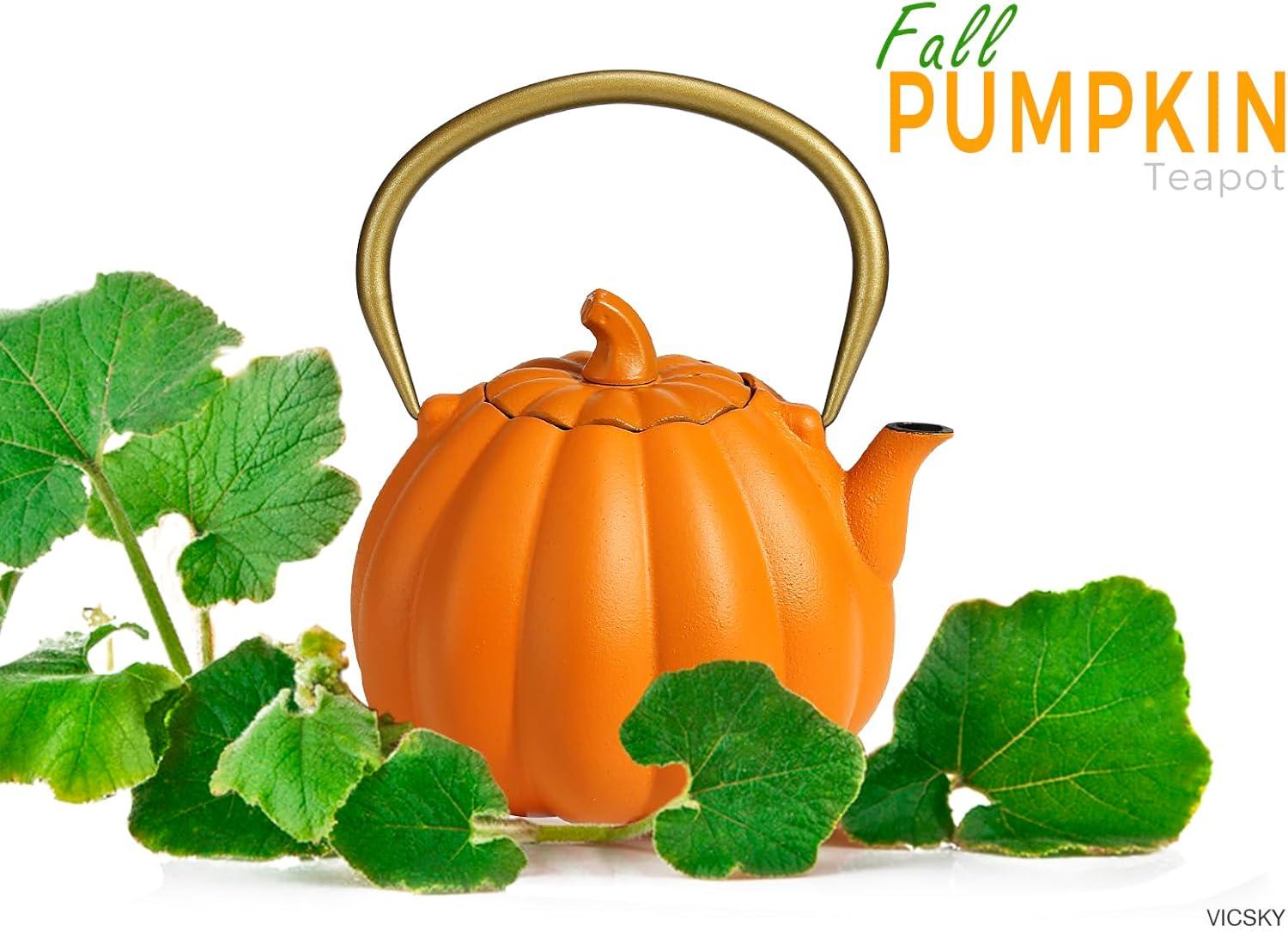 Ophelia & Co. Orange Pumpkin Cast Iron Teapot, Natural Pumpkin Color, Japanese Cast Iron Tea Kettle Stovetop Safe With Infuser, Creative Pumpkin Halloween Teapot(40Oz/1200Ml, Orange)