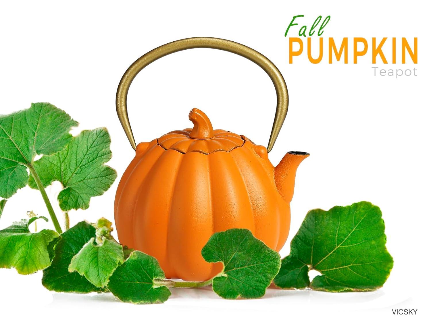 Ophelia & Co. Orange Pumpkin Cast Iron Teapot, Natural Pumpkin Color, Japanese Cast Iron Tea Kettle Stovetop Safe With Infuser, Creative Pumpkin Halloween Teapot(40Oz/1200Ml, Orange)