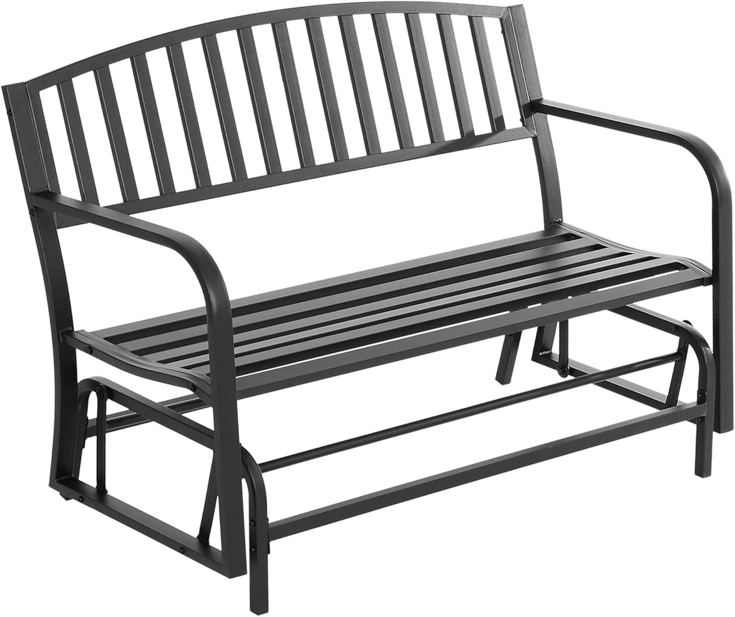 Outdoor Loveseat Glider Bench with Curved Armrests in Powder-Coated Black Steel